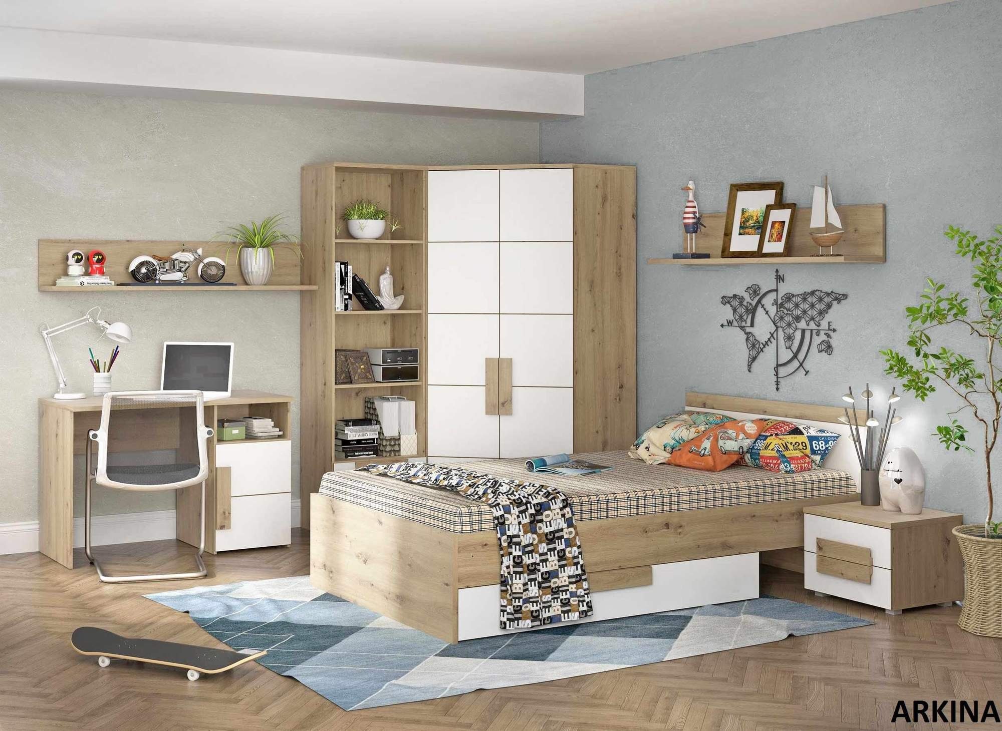 FORTE Komplettschlafzimmer 8-tlg. Jugendzimmer ARKINA in Artisan Eiche / Weiß von Forte, (Komplett-Set, 8-St., 2x Wandboard, Kommode, Bett, Schublade, Schrank, Regal, Schreibtisch)