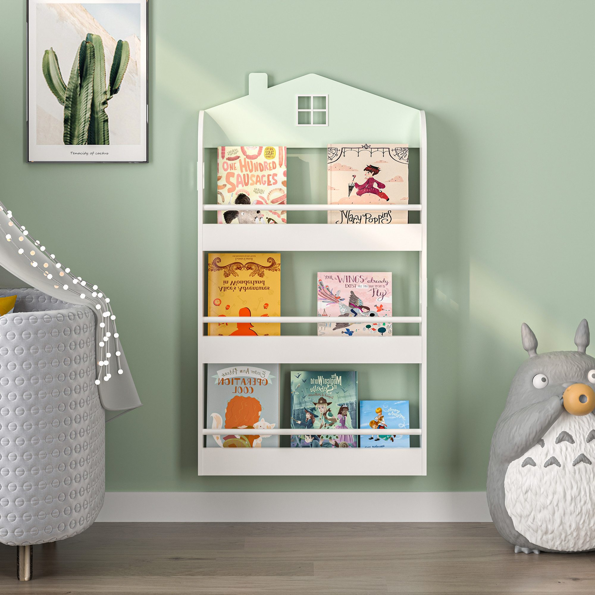 en.casa Kinderregal, »Vipsali« in Hausdesign 106 x 60 x 12 cm Mintgrün / Weiß