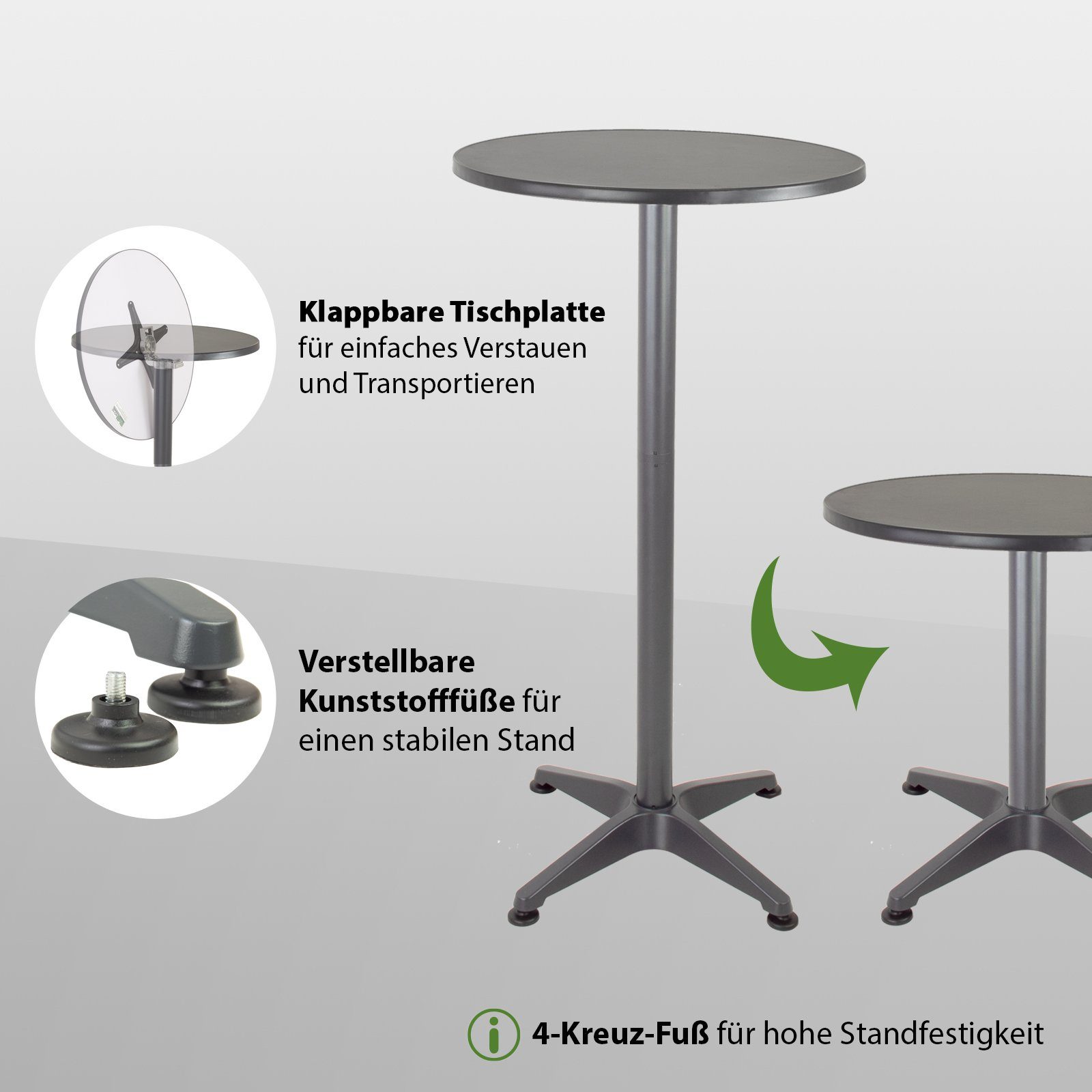TRUTZHOLM Bistrotisch Stehtisch 2in1 Alu klappbar höhenverstellbar 70/115cm Ø 60cm Anthrazit (2in1 Tisch)