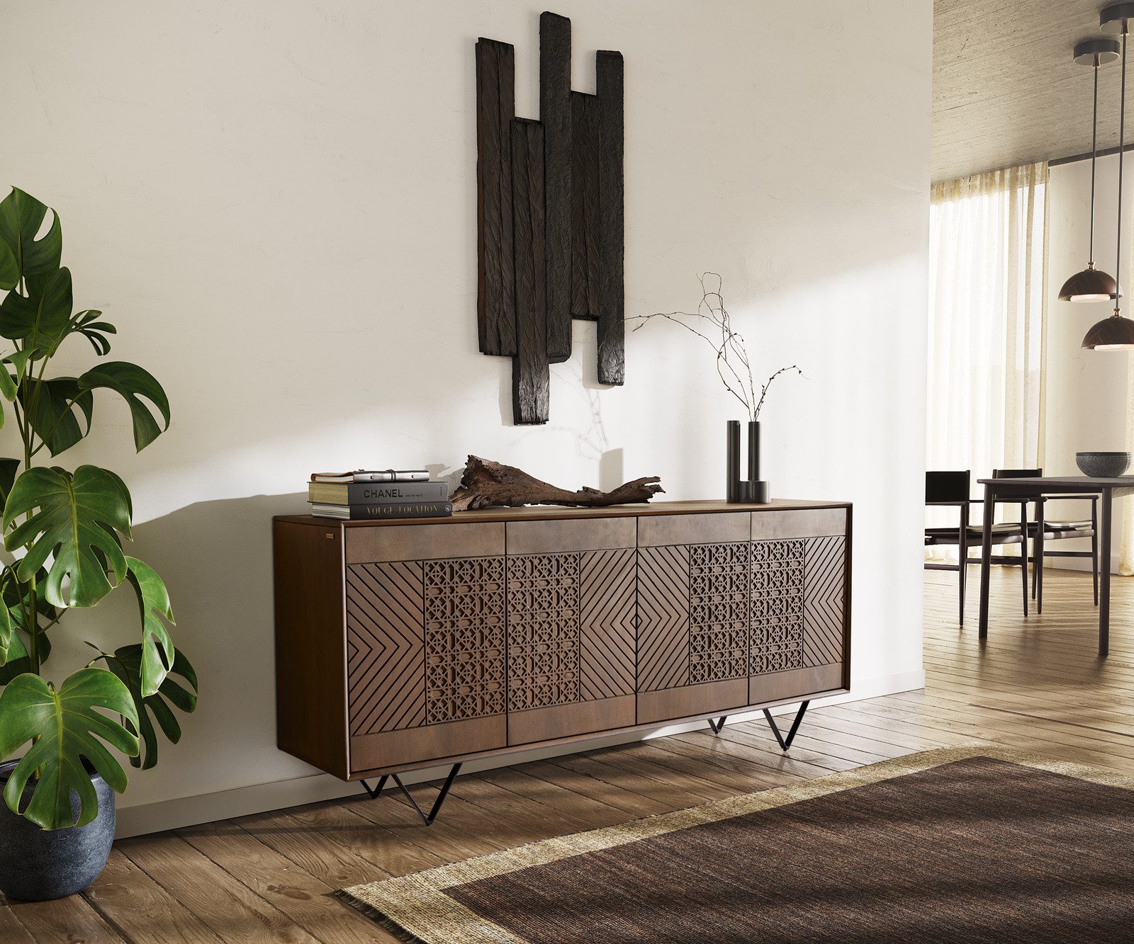 DELIFE Sideboard Manjula, Mango Braun 170 cm 4 Türen V-Fuß Metall Schwarz Sideboard
