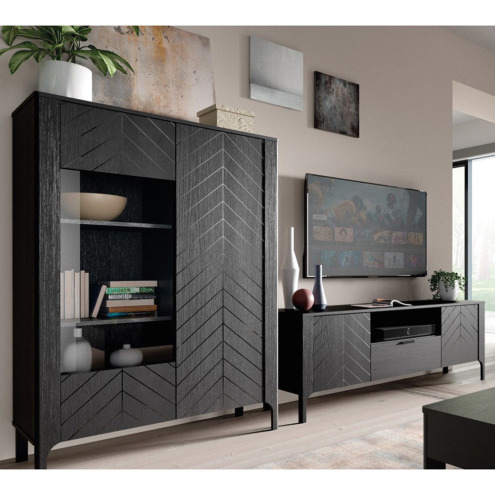 Lomadox Wohnwand MAZARA-161, (2-St., Lowboard Highboard), Wohnzimmermöbel mit Fischgrät Dekor, Push-to-Open, Softclose-Funktion