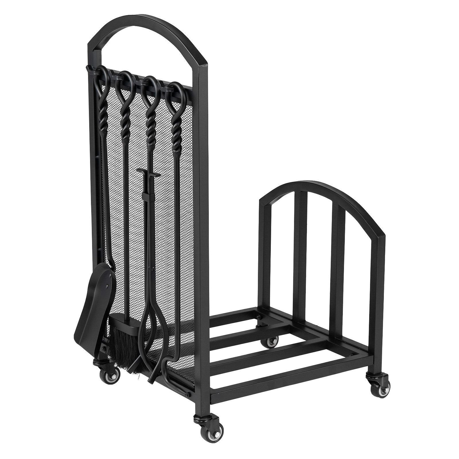 COSTWAY Kaminholzregal Metall auf Rollen für Innen und Außen, BxTxH:38x42x75 cm, Erhöhter Brennholzregal mit Bürste, Zange, Schaufel & Schürhaken