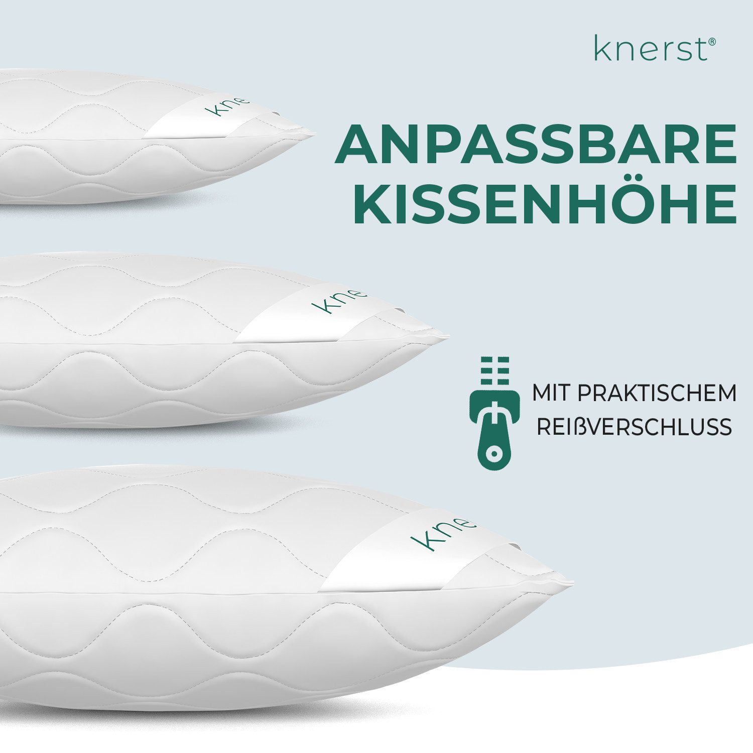 KNERST Kopfkissen Microfaser KomfortFlex Kopfkissen höhenverstellbar 80x80 40x80, Füllung: 100% Polyester, Seitschläfer, Rückenschläfer, Bauchschläfer, Reißverschluss für Füllung-waschbar-allergikerfreundlich,flauschig