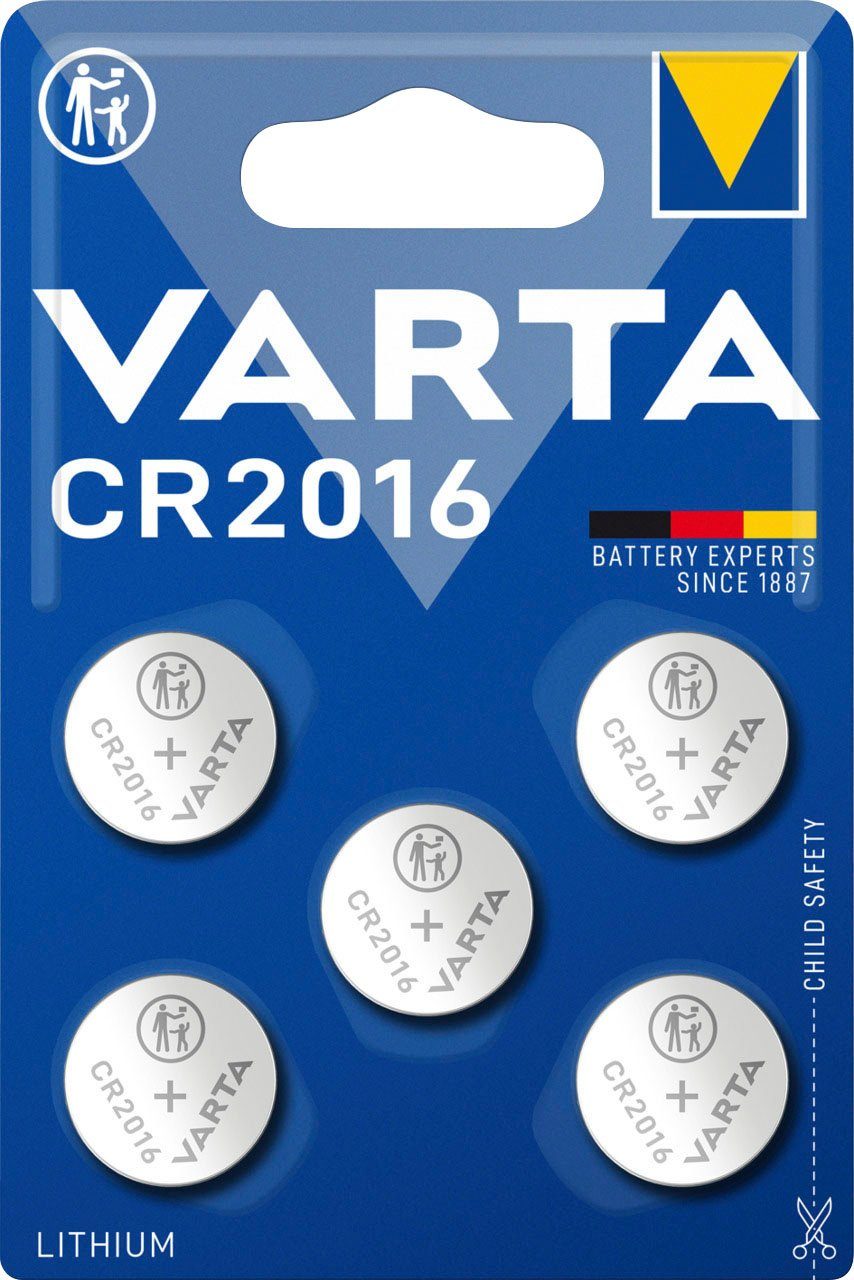 VARTA CR 2016 Knopfzelle, (3 V, 5 St), 5er Pack Knopfzellen in Original Blisterverpackung