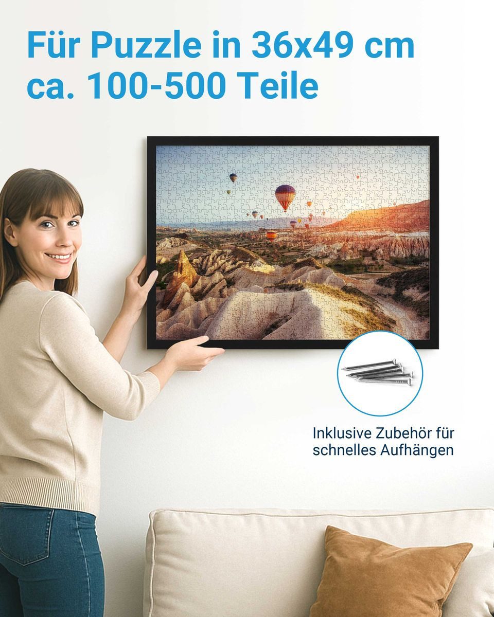 PHOTOLINI Bilderrahmen für Puzzle, Puzzlerahmen mit Acrylglas zum Aufhängen, für 1 Bilder (1 Einzelrahmen), 100-500 Teile im Endformat 36x49 cm – Bild 3 von 5