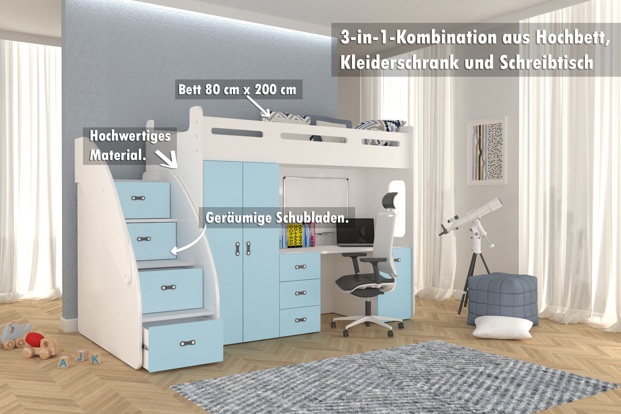 AJKmeble Hochbett Etagenbett 80x200cm mit Treppe, günstig online kaufen