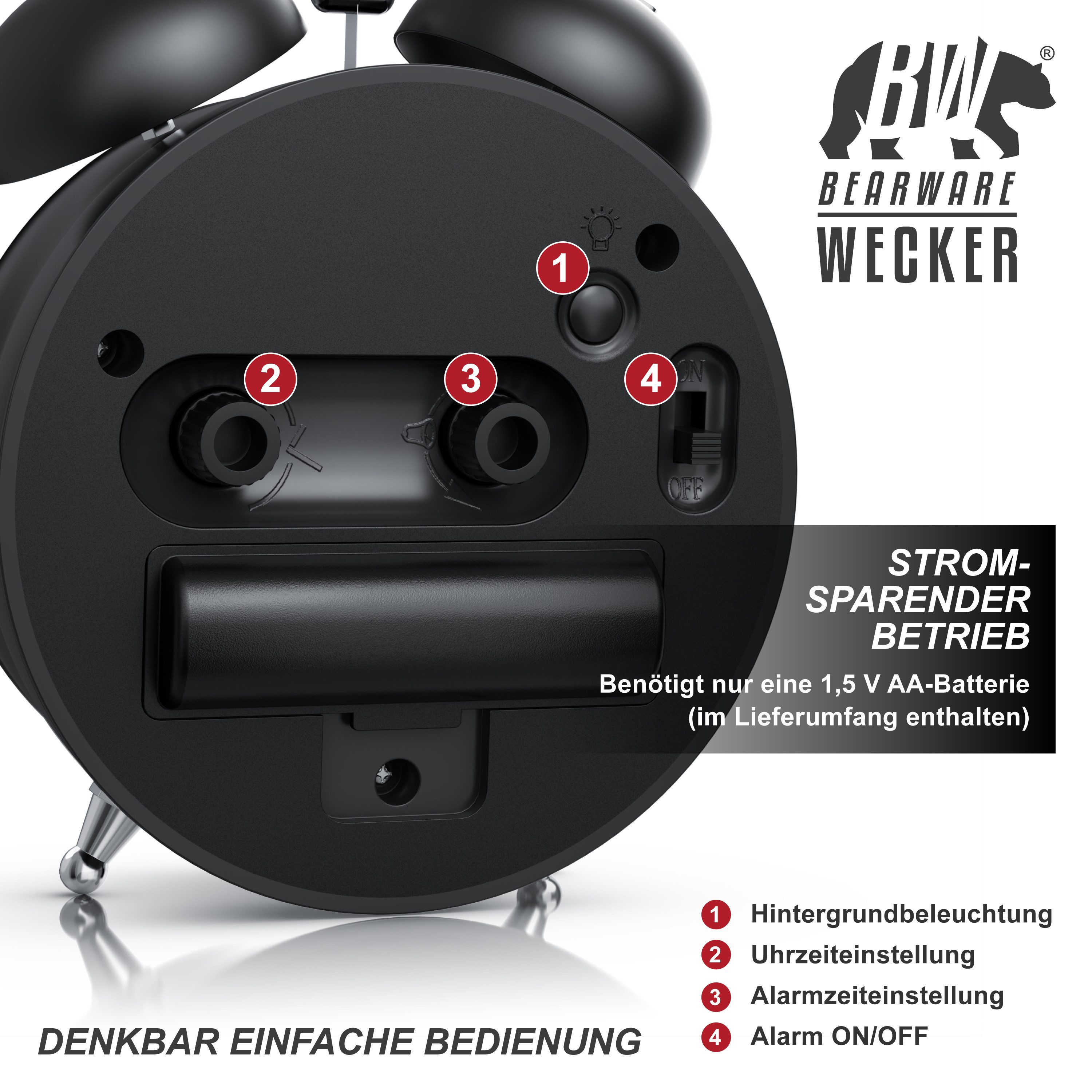 BEARWARE Wecker Analog, Retro, rund, Beleuchtet, lauter Glockenalarm für Tiefschläfer kein Ticken, Klingelton laut, Licht, große Ziffern, einfache Bedienung