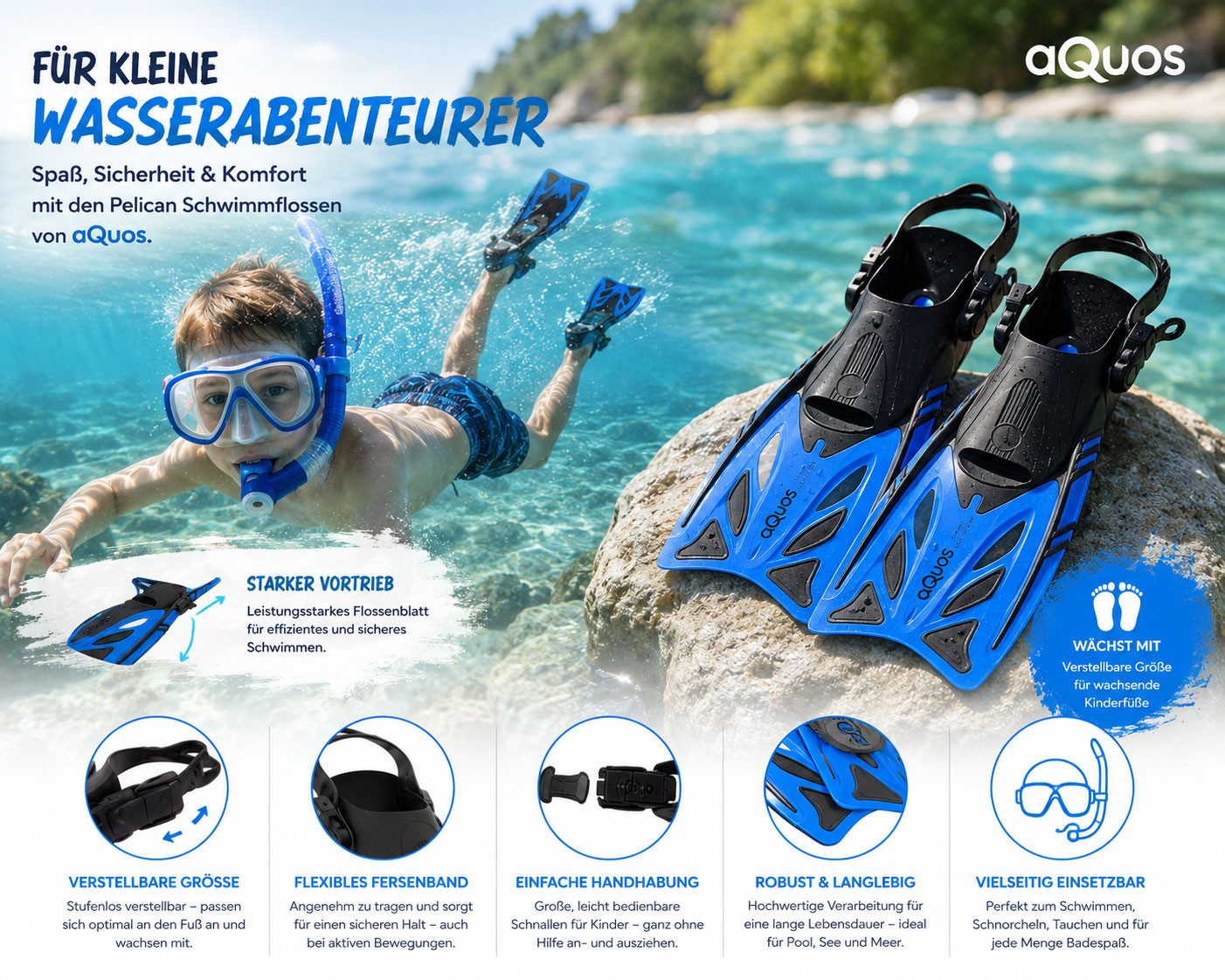 aQuos Flosse Aquos Junior Kinder Flossen blau Pelican Taucherflossen, mitwachsend, verstellbares Fersenband