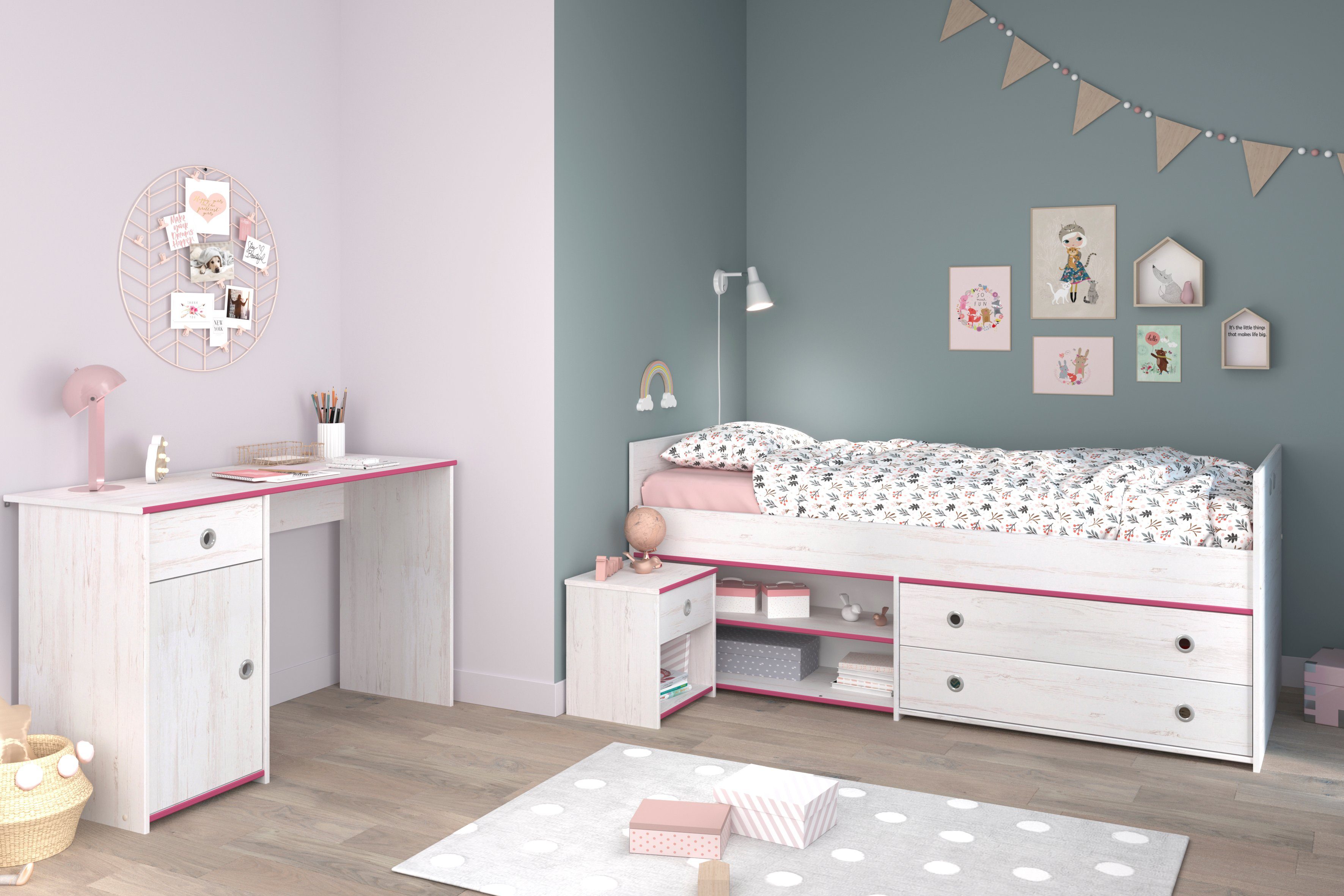 Parisot Jugendzimmer-Set Kinderbett Smoozy 27 Parisot 3-tlg Bett+Nachtkommode+Schreibtisch Pink
