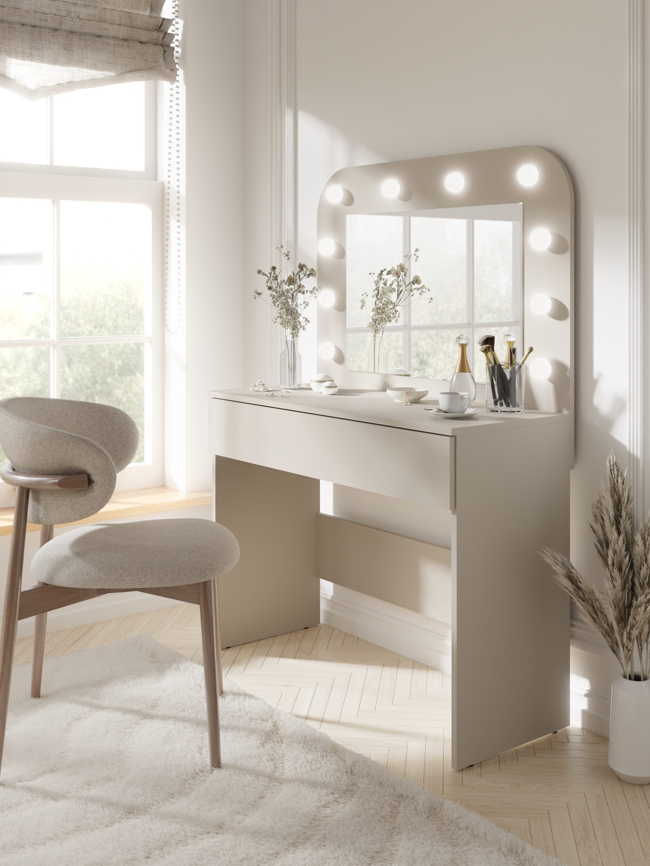 Raumhirsch Furniture Schminktisch Kosmetiktisch, Frisiertisch, Schminkkommode mit Spiegel (Maße: 100,3 x 142,5 x 42,5 cm (Spiegel mit Lichtkugeln, 1 Schublade), LED Beleuchtung, Push to Open, Cashmere Beige, modernes Design