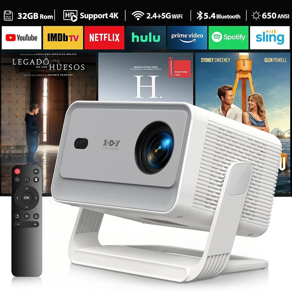 XGODY Tragbarer Smart-Projektor UHD-Beamer (25000 lm, 15000:1, 1920x1080 px, Native 1080p Android 14 unterstützt 200'' 4K-Video-Outdoor-Projektor)