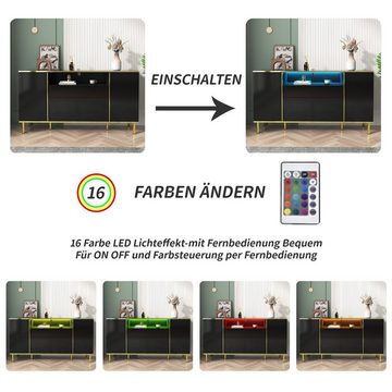 BlingBin Sideboard Kommode Schubladenschrank (1 St., Hochglänzendes schwarzes Sideboard-B150/T40 /H80cm), mit 2 Schubladen, LED-Beleuchtung, Großer Stauraum