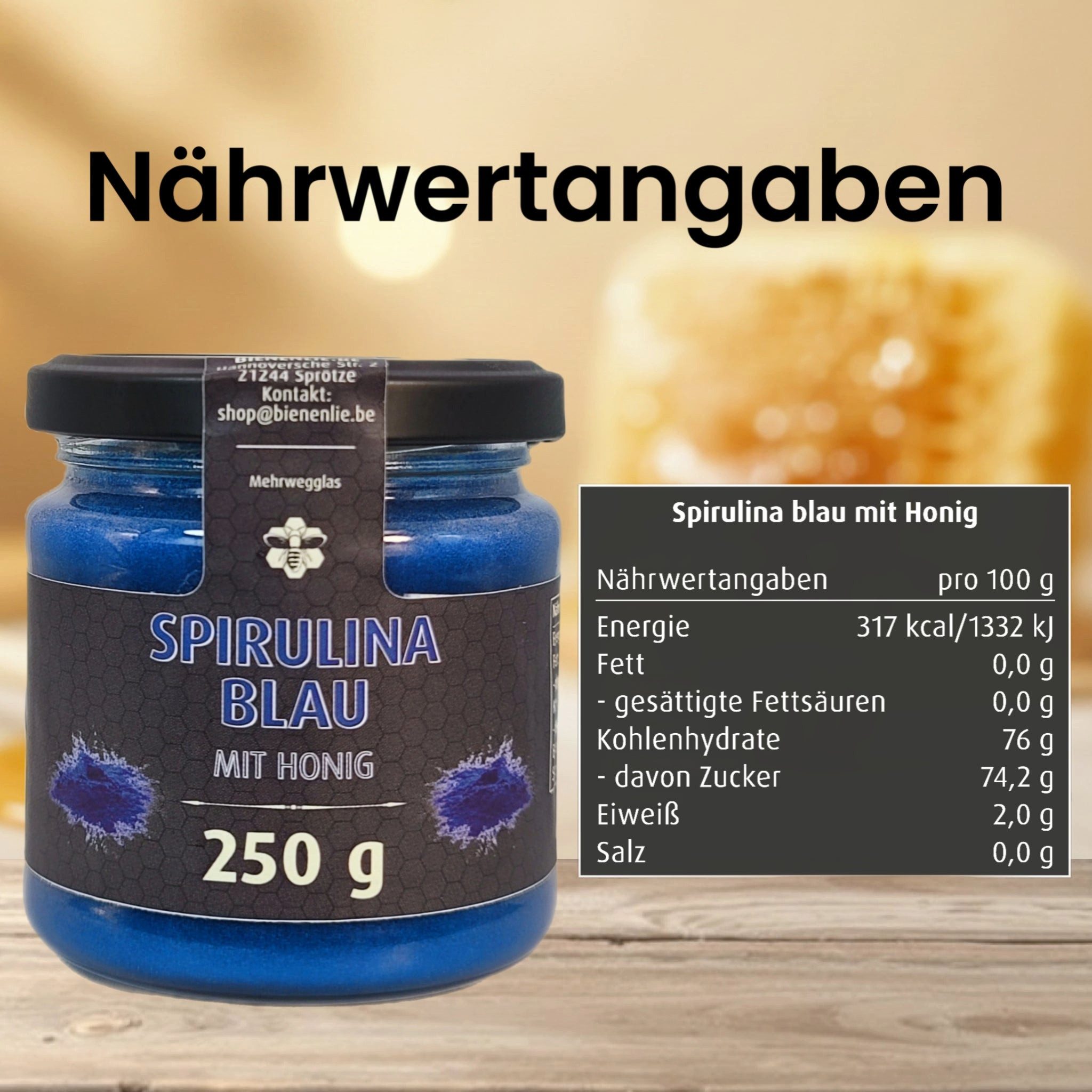 Imkerei BienenLie.be Honig Spirulina Blau mit Honig - mild & cremig, 250g, 1 x 250 g, 1 St. (Cremiger Brotaufstrich mit Honig & Frucht)