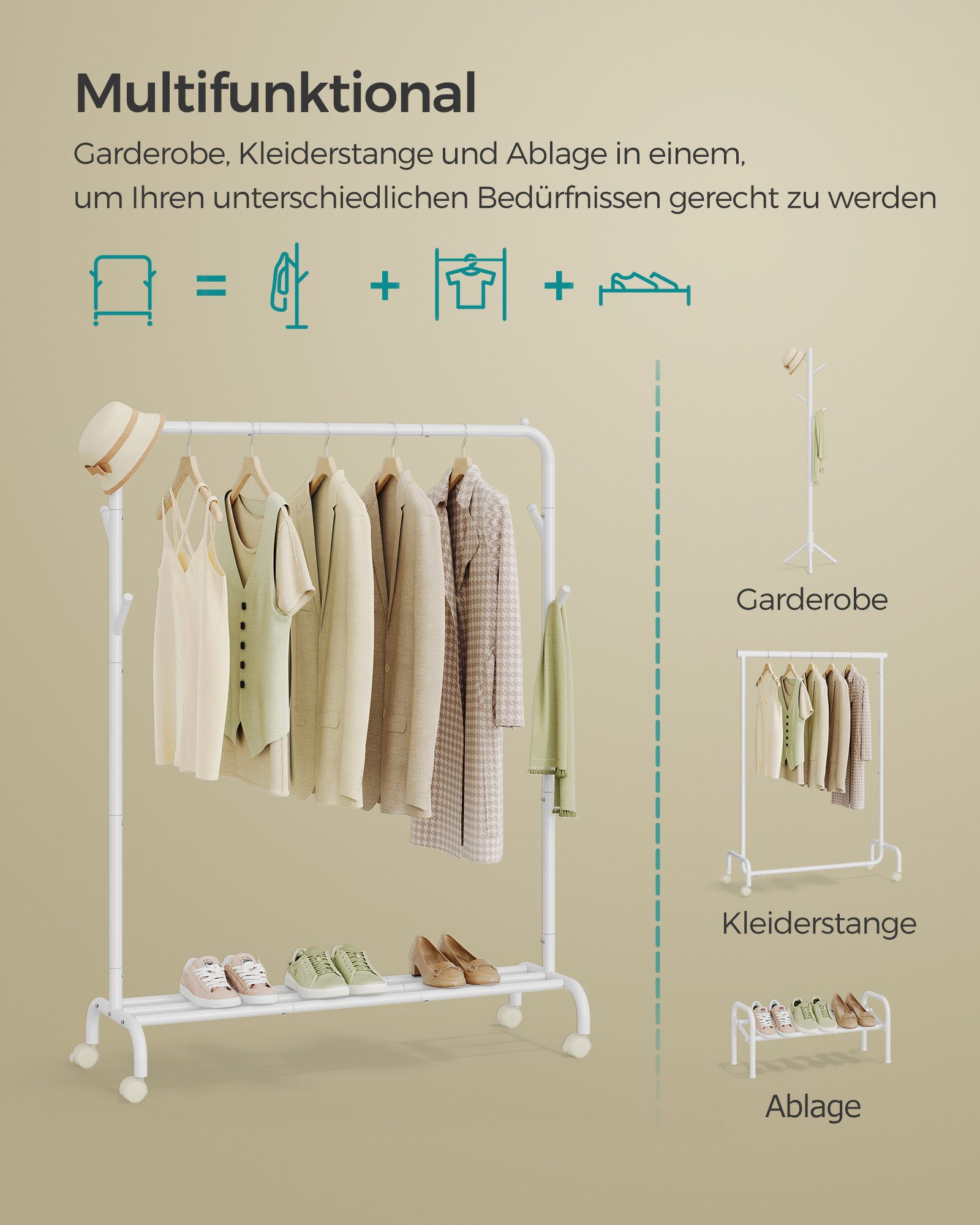 SONGMICS Kleiderständer Kleiderstange, Garderobenstange, Garderobenständer, 41 x 103,5 x 155cm, auf Rollen, Stahlrohren, bis 50kg belastbar, multifunktionale, weiß