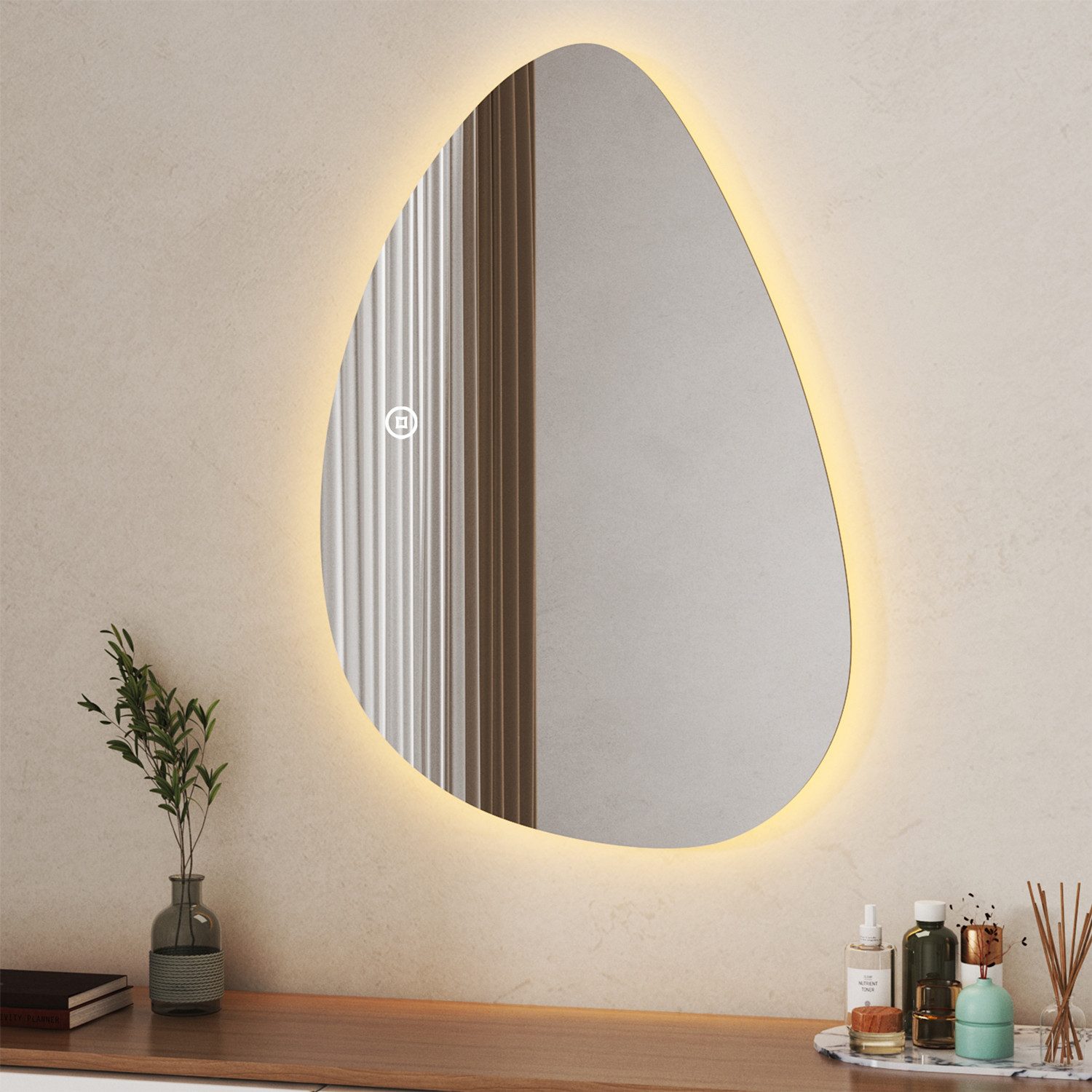 WDWRITTI Schminkspiegel mit beleuchtung Kosmetikspiegel Wandmontage (Wandspiegel Rahmenlos, Wassertropfen 65x90cm), 3Lichtfarben, Helligkeit dimmbar, Speicherfunktion, Touch