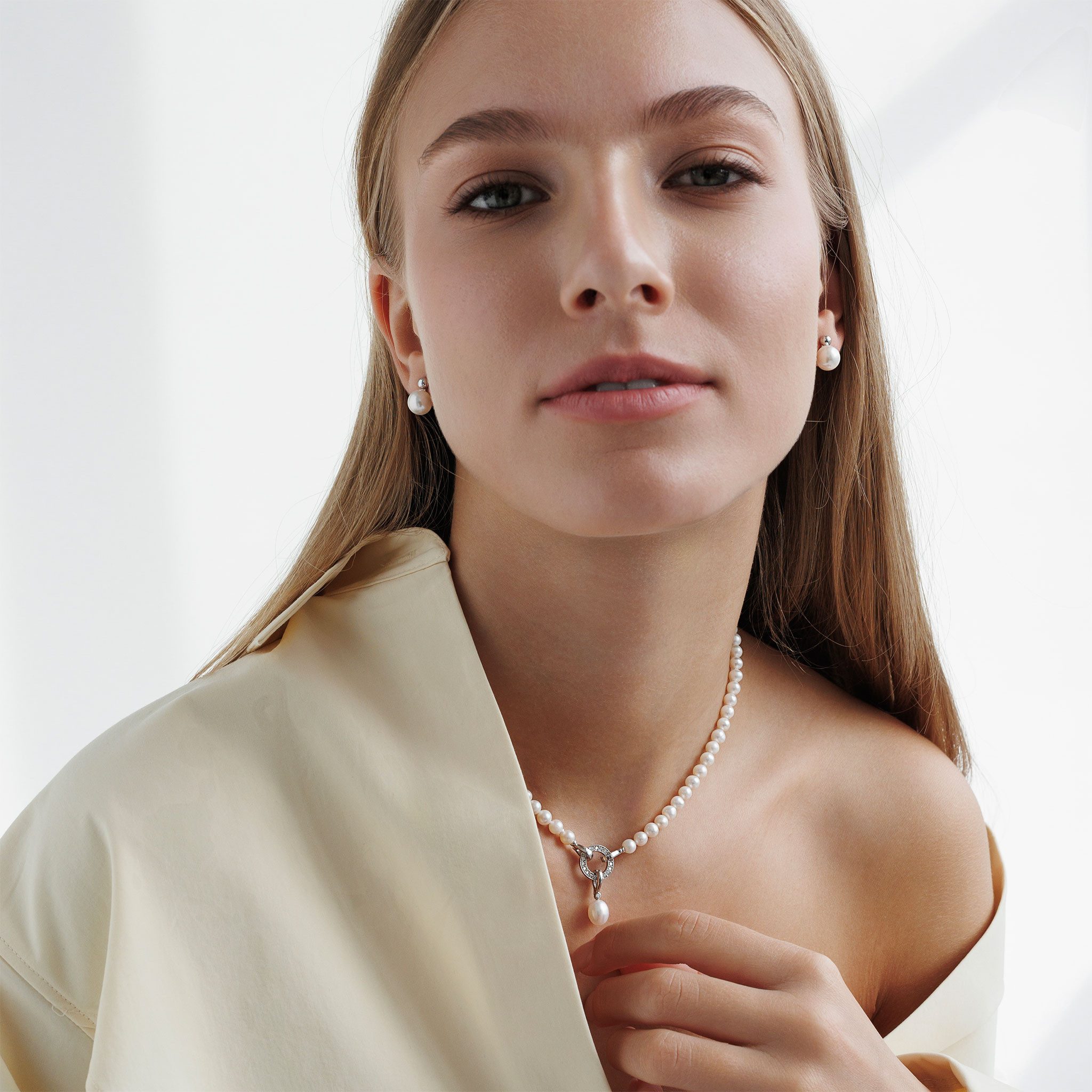 Gaura Pearls Perlenkette weiß, 45 cm, Designverschluss, Anhänger, Zirkonia, günstig online kaufen