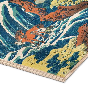 Posterlounge Holzbild Katsushika Hokusai, Zwei Männer waschen ein Pferd an einem Wasserfall, Malerei