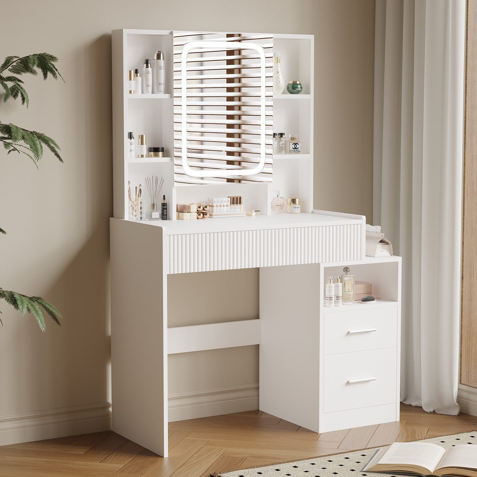 HOMAVO Schminktisch mit LED-Spiegel, 3 Schubladen & 8 offenen Fächern, 96,5 günstig online kaufen
