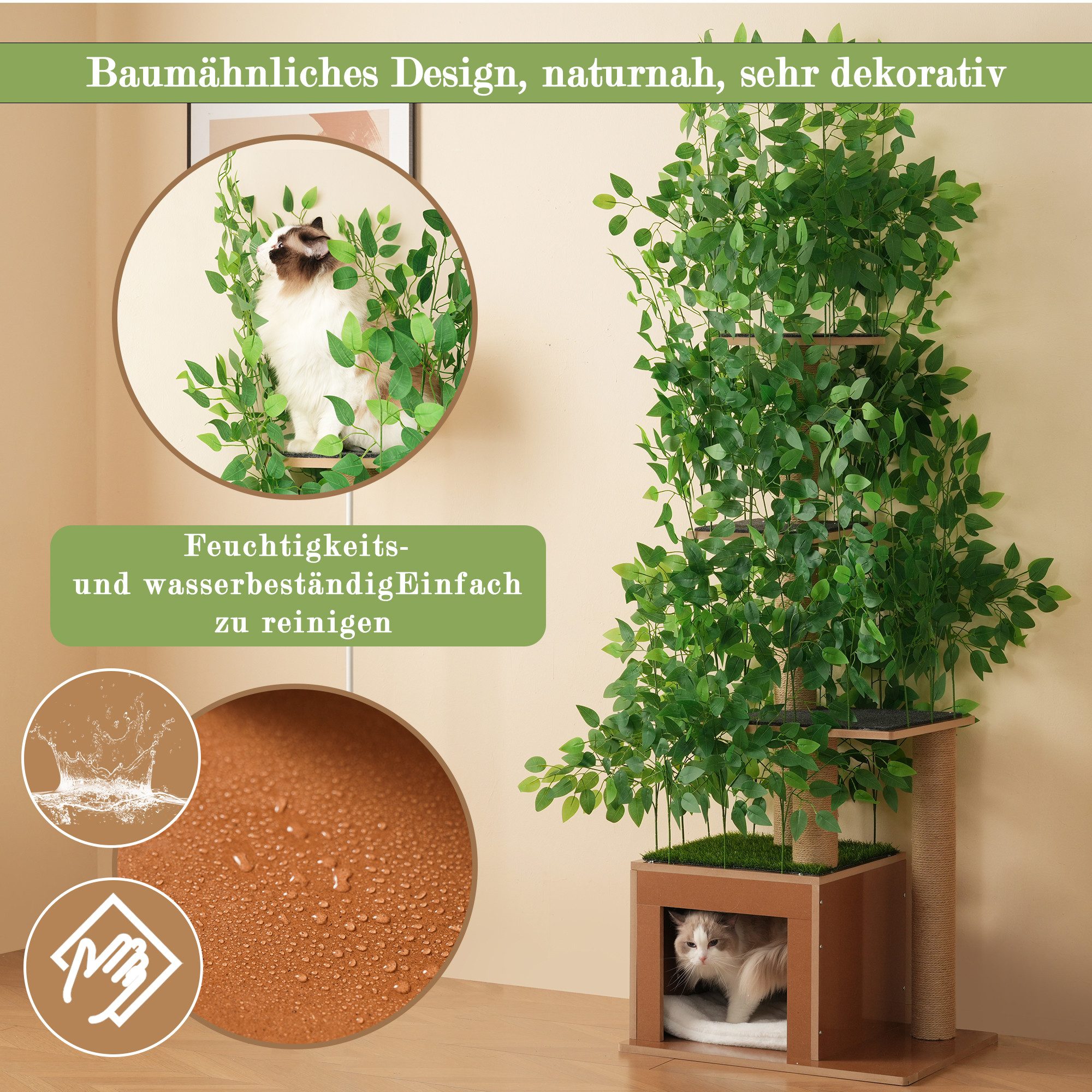 Odikalo Kratzbaum Baumform 4 Plattformen Katzenlöchern Blätter Klettern 190 cm Natur, Katzenbaum, Kletterbaum