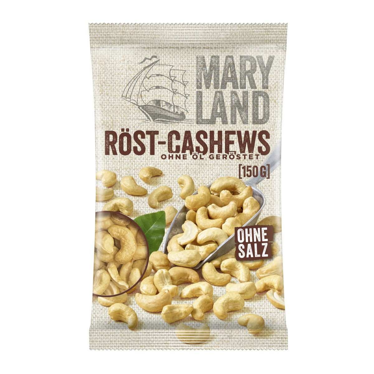 Maryland Nüsse, Maryland Röst Cashews ohne Öl geröstet knackige Kerne ohne Salz 150g