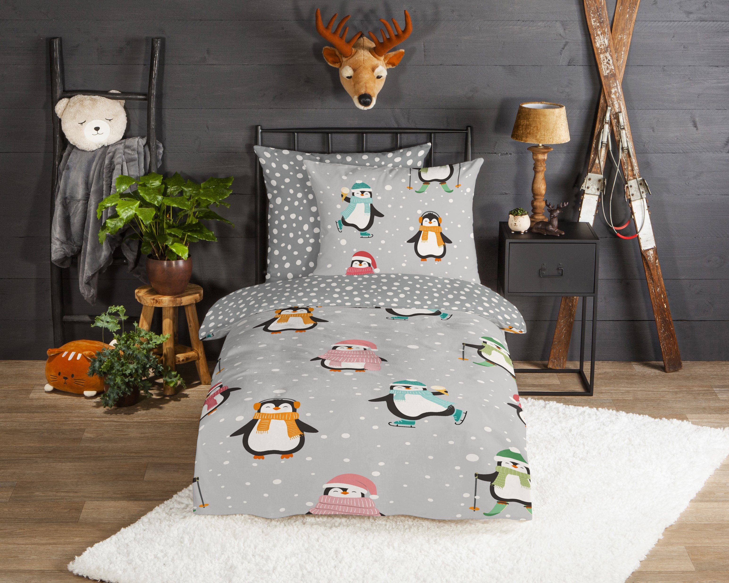 good morning Kinderbettwäsche Liammu, Biber, Flanell, 2 teilig, Flanell Biber, 135x200, Warm, Reißverschluss, Wende, Kind, Pinguin