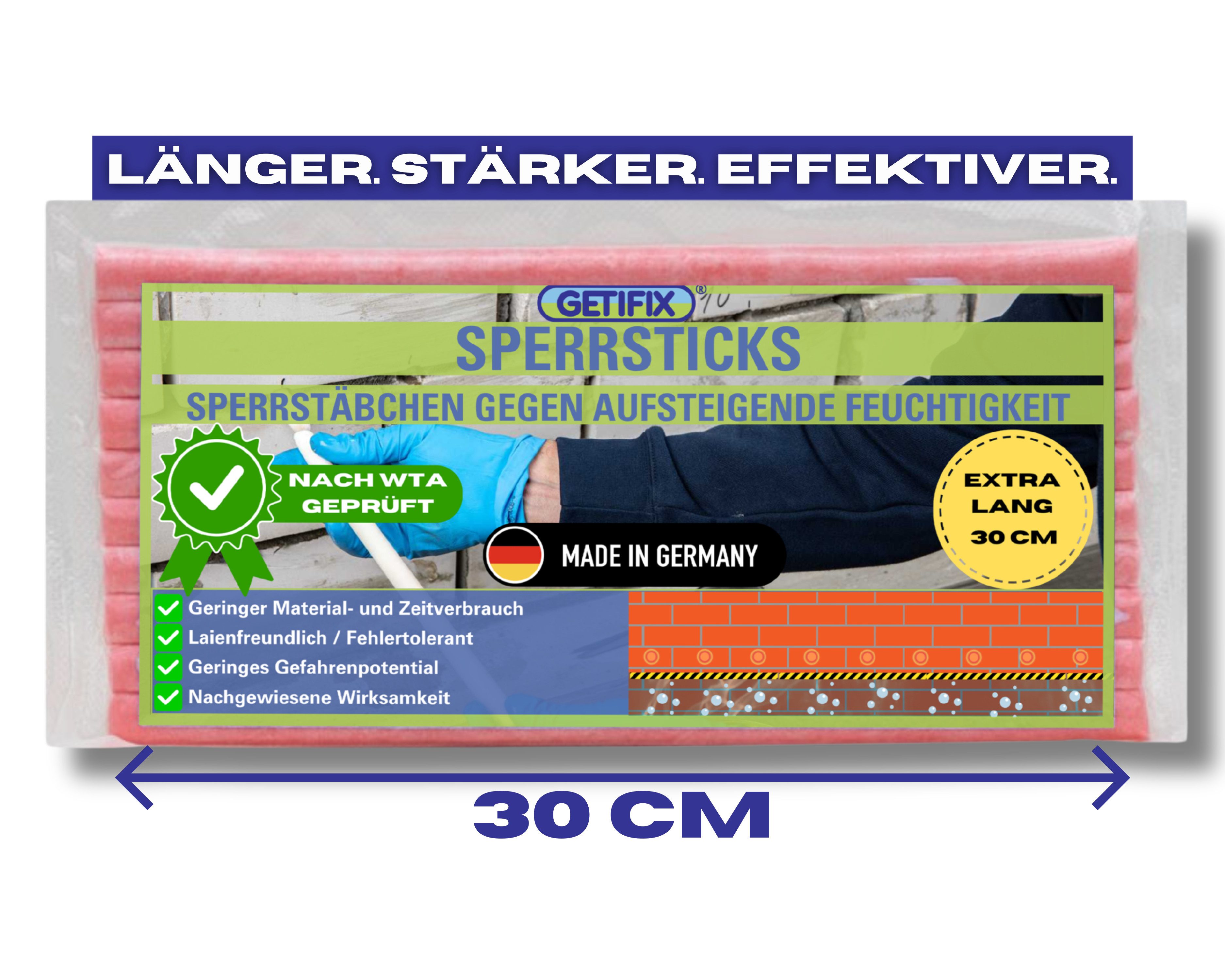 GETIFIX Dichtstoff GETIFIX Horizontallsperre Sticks, Silan Siloxan, Sticks, Stäbchen, gebrauchsfertig, (10-tlg), Extra Lang, 30 cm, länger als herkömmliche Produkte