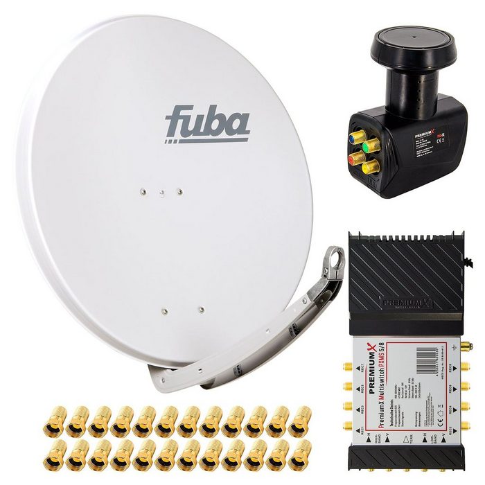 PremiumX Satelliten-Komplettanlage Fuba DAA 850 G Satellitenschüssel Alu Grau 5/8 Multischalter Quattro LNB 24x F-Stecker 1 SAT 8 Teilnehmer SAT-Antenne