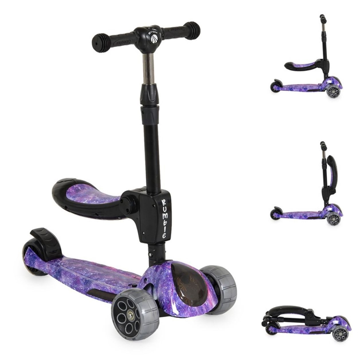 Byox Cityroller Rumble, 2-in-1-Sitzfunktion, Musik, PU-Leuchträder, Lenker verstellbar