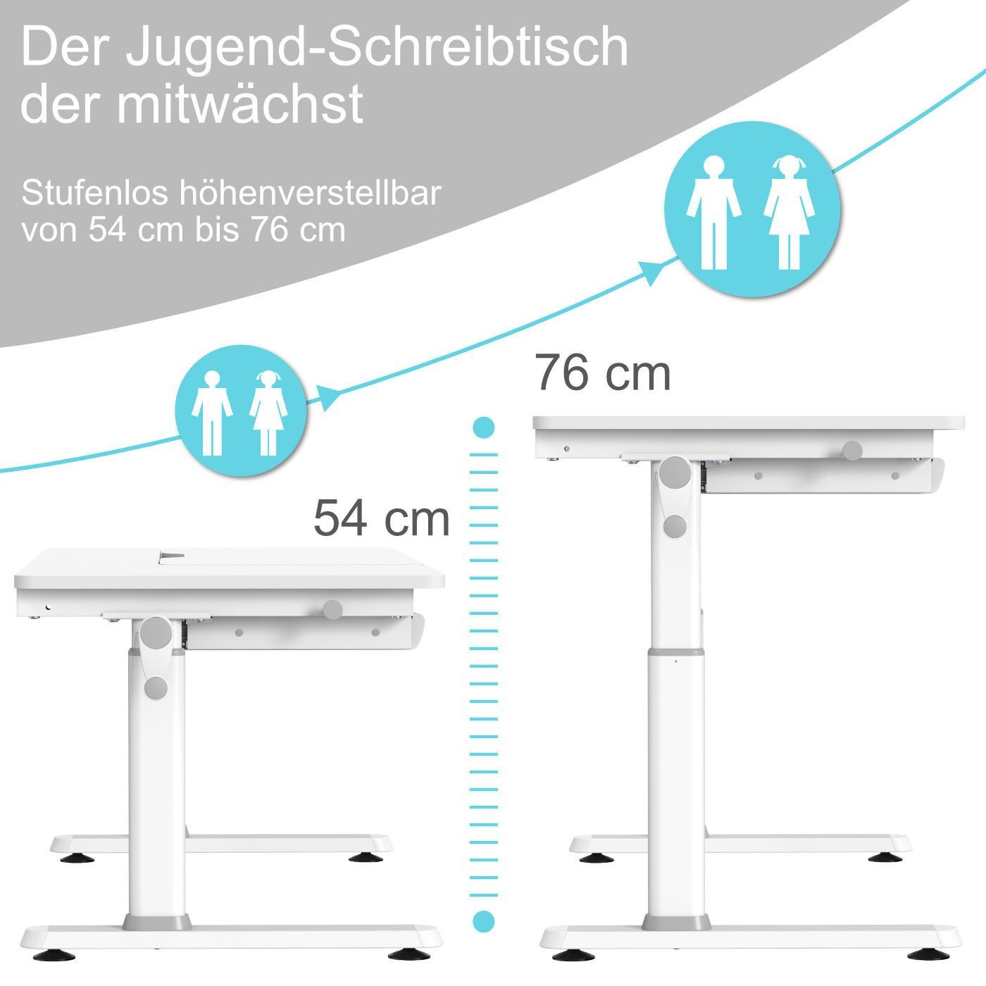 HOKO Kinderschreibtisch höhenverstellbar für Kinderzimmer (Tisch-Stuhl-Set, Kinderstuhl mit abnehmbarer Fußstütze, Schmetterlingslehne und Rollen), 120x60 cm Schreibtisch, für Kinder ab 6 Jahren, Weiß-Rosa, ELIN-ANKE