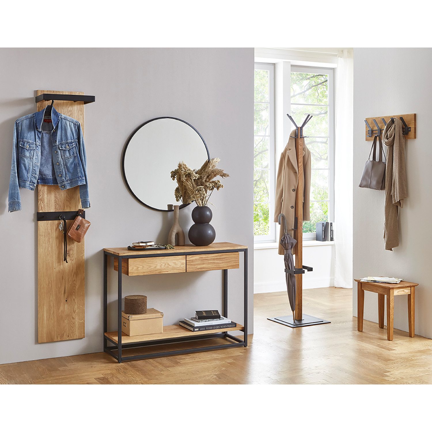 HAKU Garderobenstange Garderobe - eiche-schwarz - Massivholz, Metall - H. 175cm - Ständer, (1xWandgarderobe, Wandhalterung - Wandhalter), Wandhakenleiste - Hakenleiste - Garderobenleiste - Wandhaken