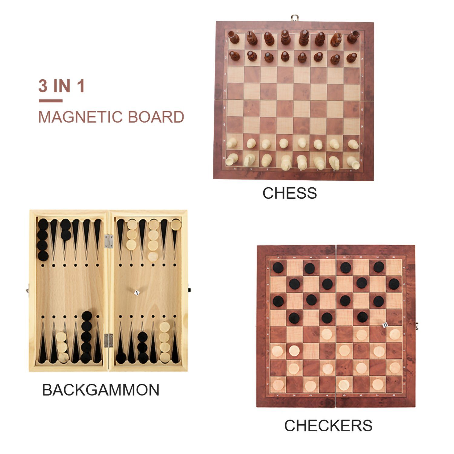 Spiel TolleTour 29x29CM Schachspiel Spiel, 3 Backgammon Schach Handarbeit in1 Schach