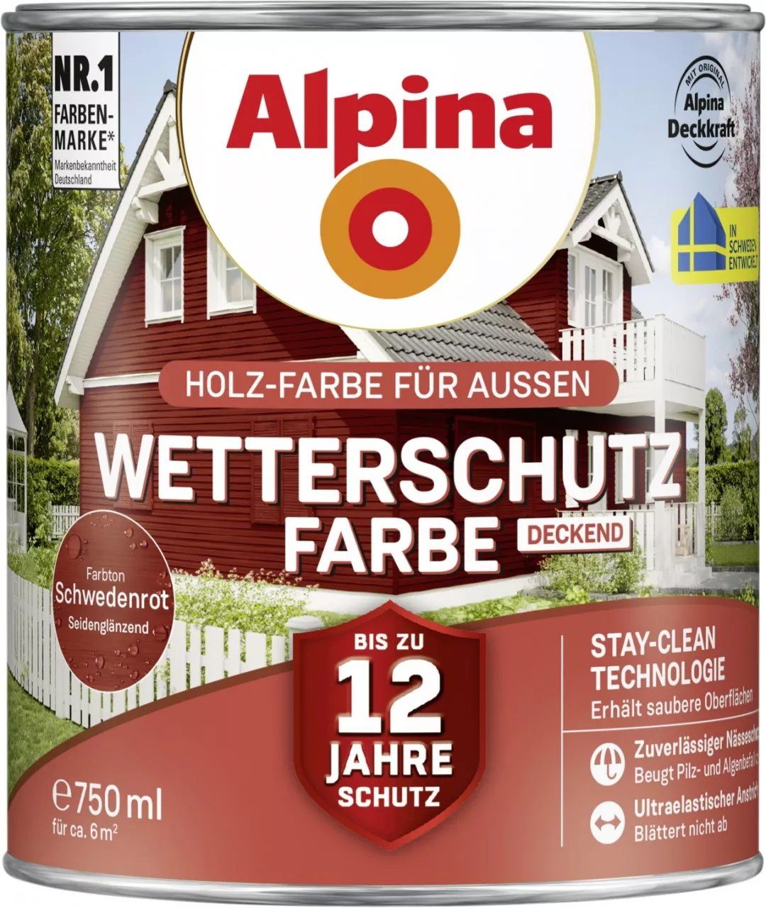 Alpina Wetterschutzfarbe Holzfarbe für außen deckend Schwedenrot 750 ml