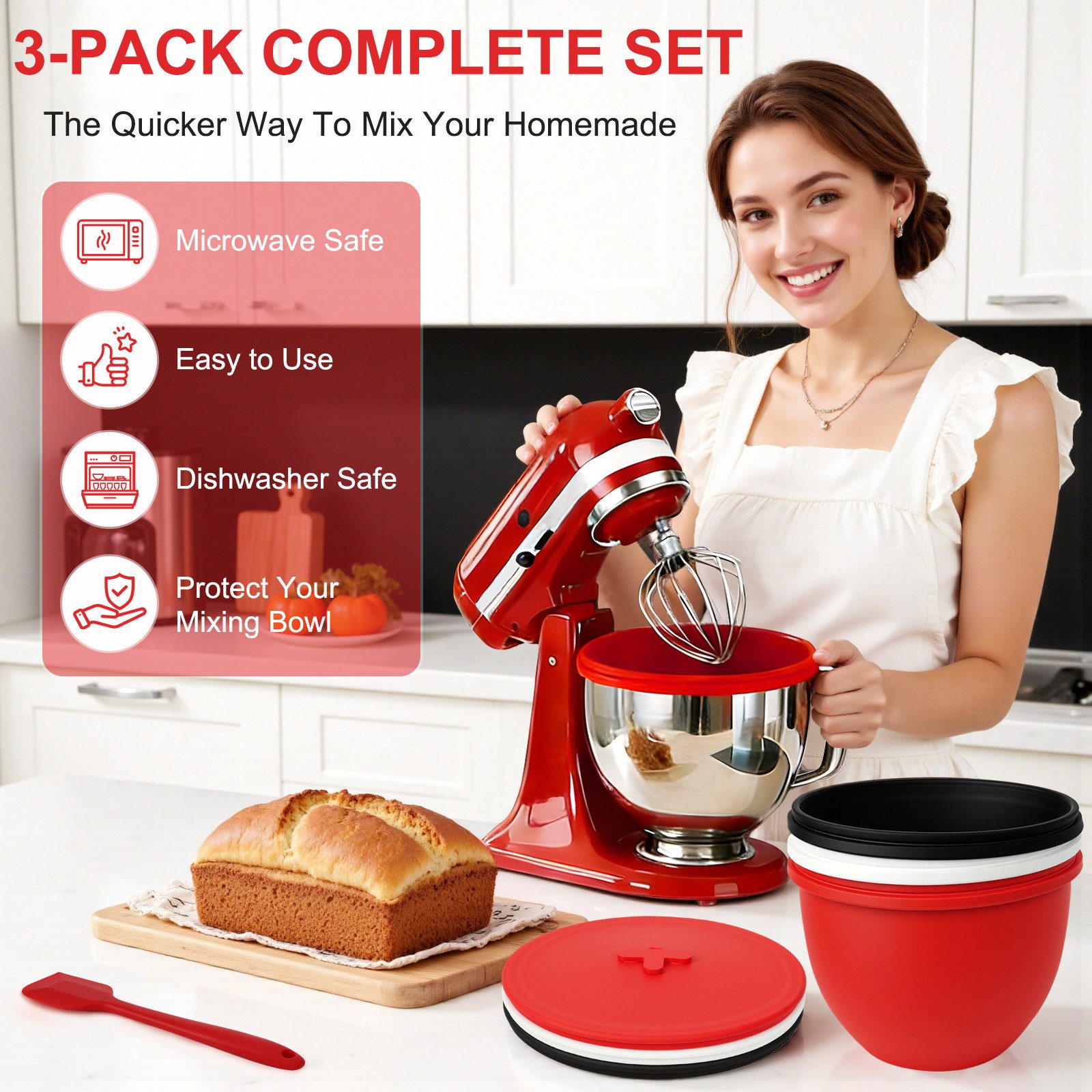 OSTWOLKE Küchenmaschinenschüssel Silikon Rührschüssel für KitchenAid 4,8 L mit kippbarem Motorkopf, Silikon, (3-tlg), Silikon-Einsatzschalen mit Deckel für KitchenAid 5Qt, wiederverwendbar