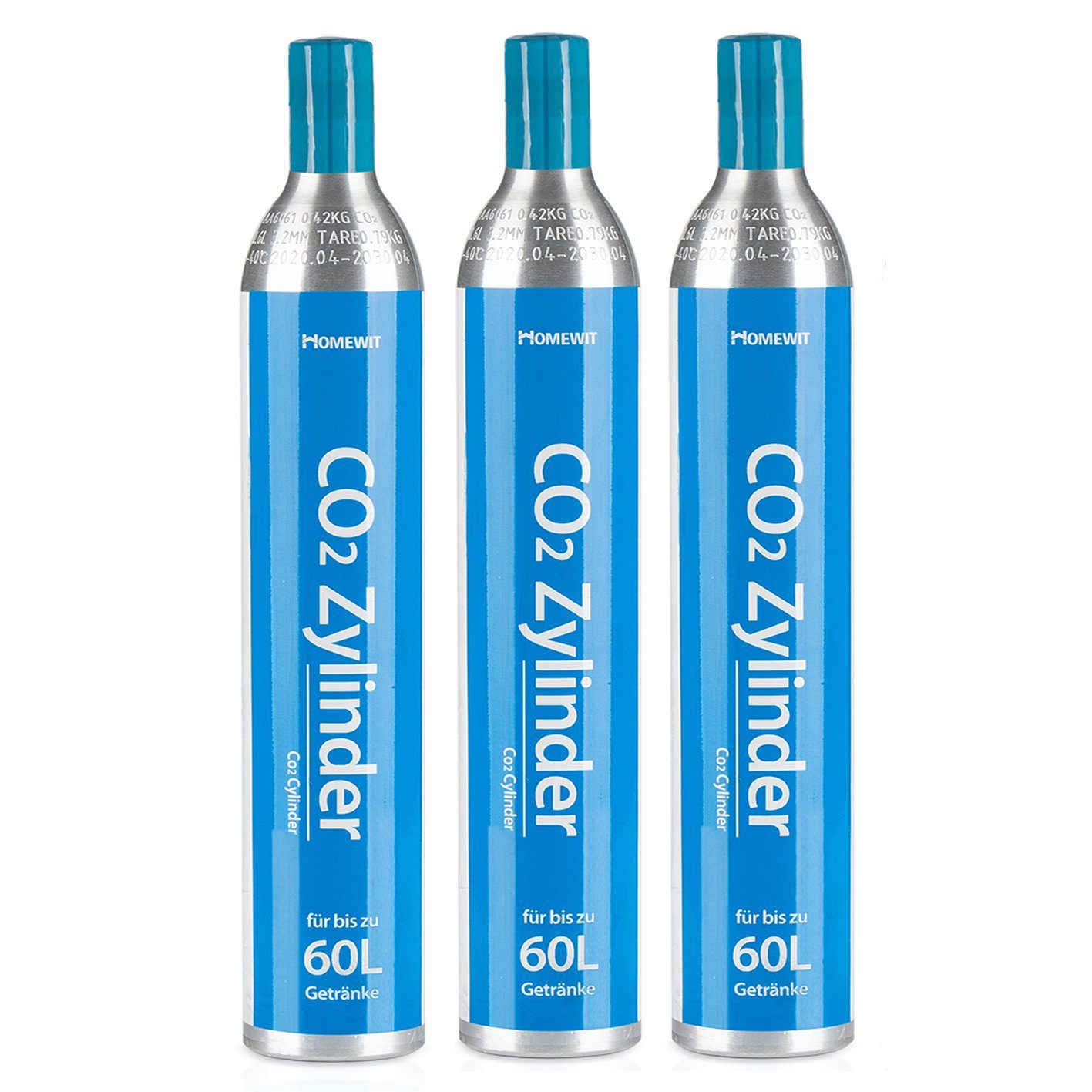 Homewit Wassersprudler CZHE60, (Für bis zu 60 L Getränke, 3-tlg., 3 Stück CO2 Zylinder Kohlendioxid Zylinder 425g), Erstbefüllt in Deutschland