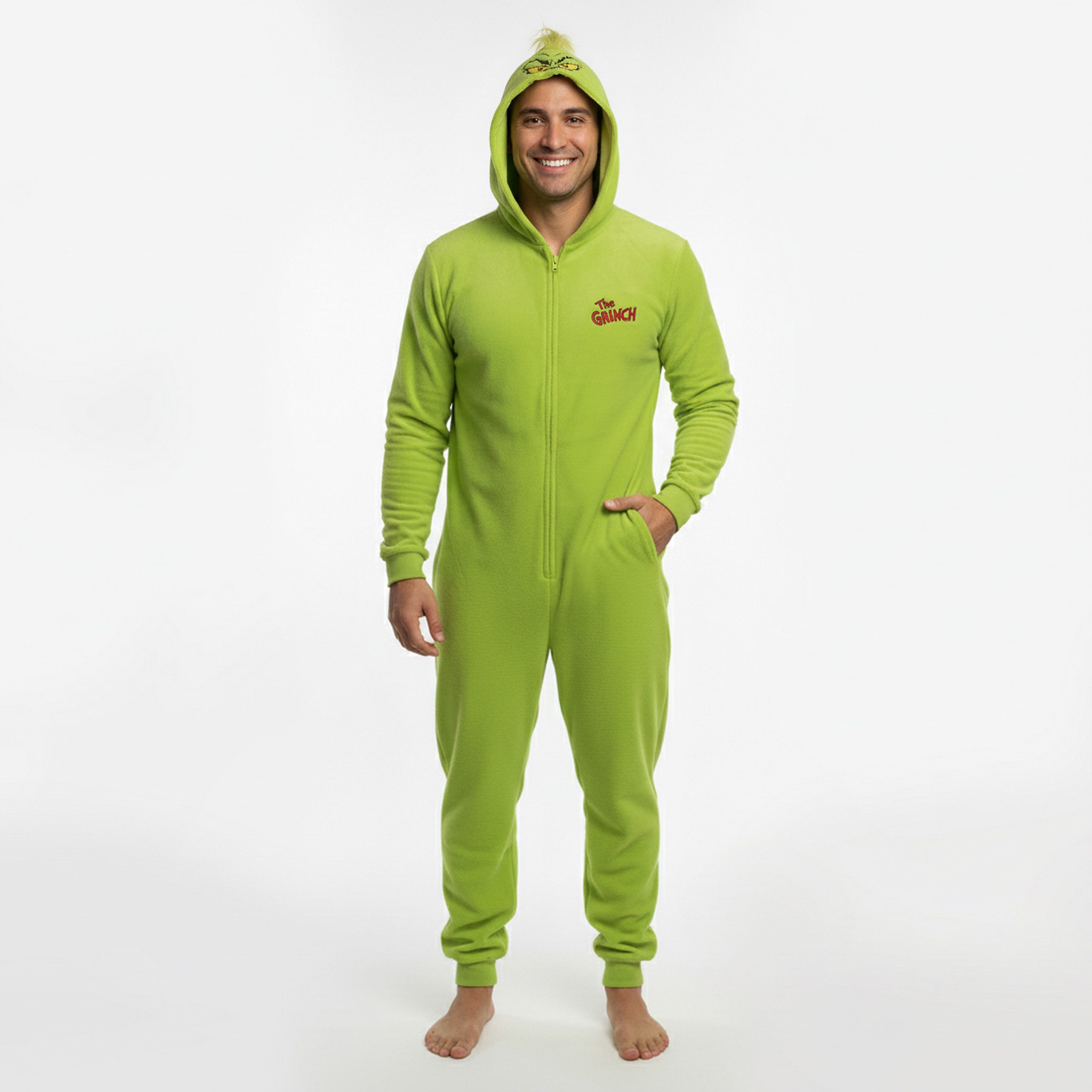 Sarcia.eu Pyjama Grinch Fleece-Einteiler für Herren mit Kapuze und Reißverschluss – Bild 5 von 5