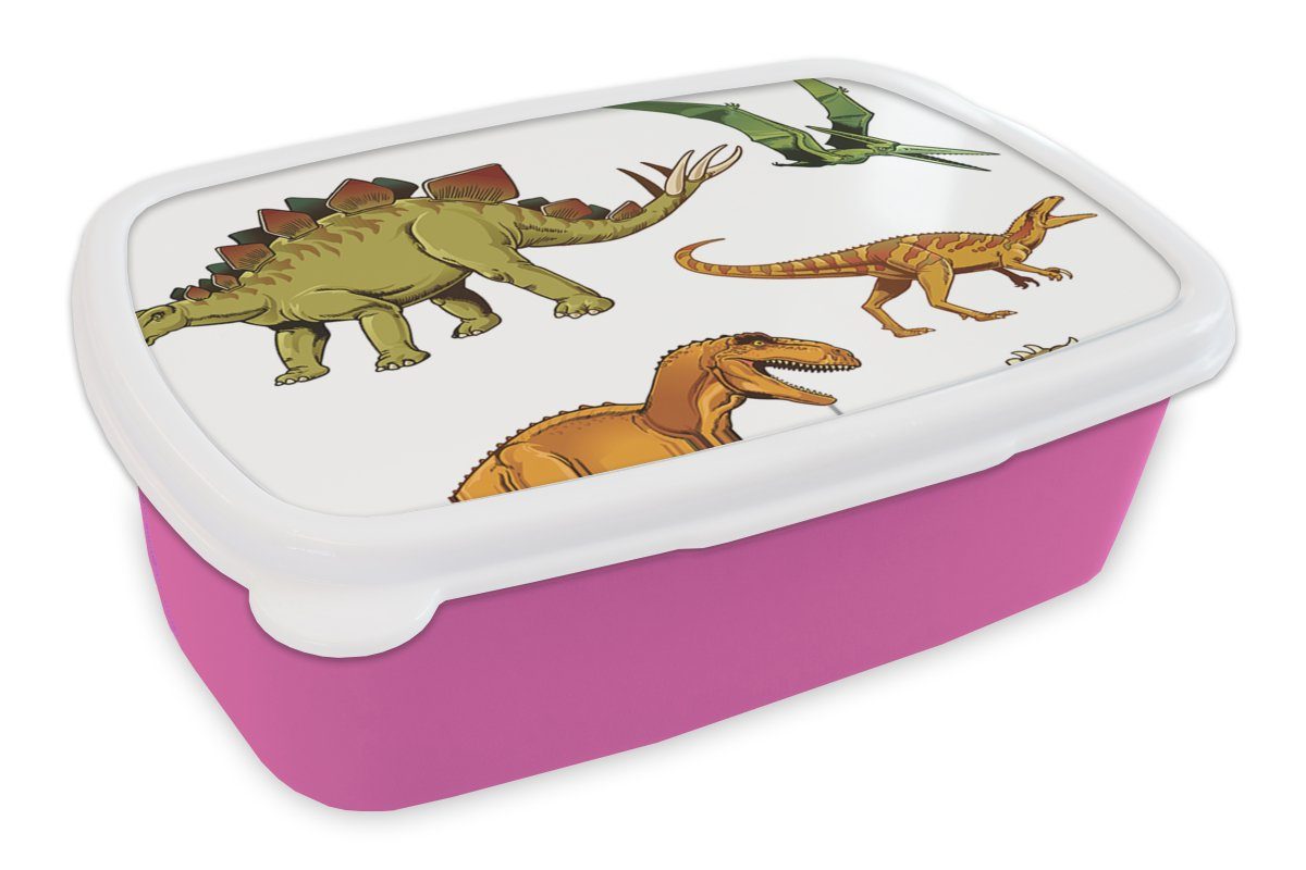 MuchoWow Lunchbox Dinosaurier - Zeichnung Brotdose - Erwachsene, Brotbox Kinder, Kinder, Jungen Kunststoff (2-tlg), - Snackbox, rosa für Mädchen, Kunststoff