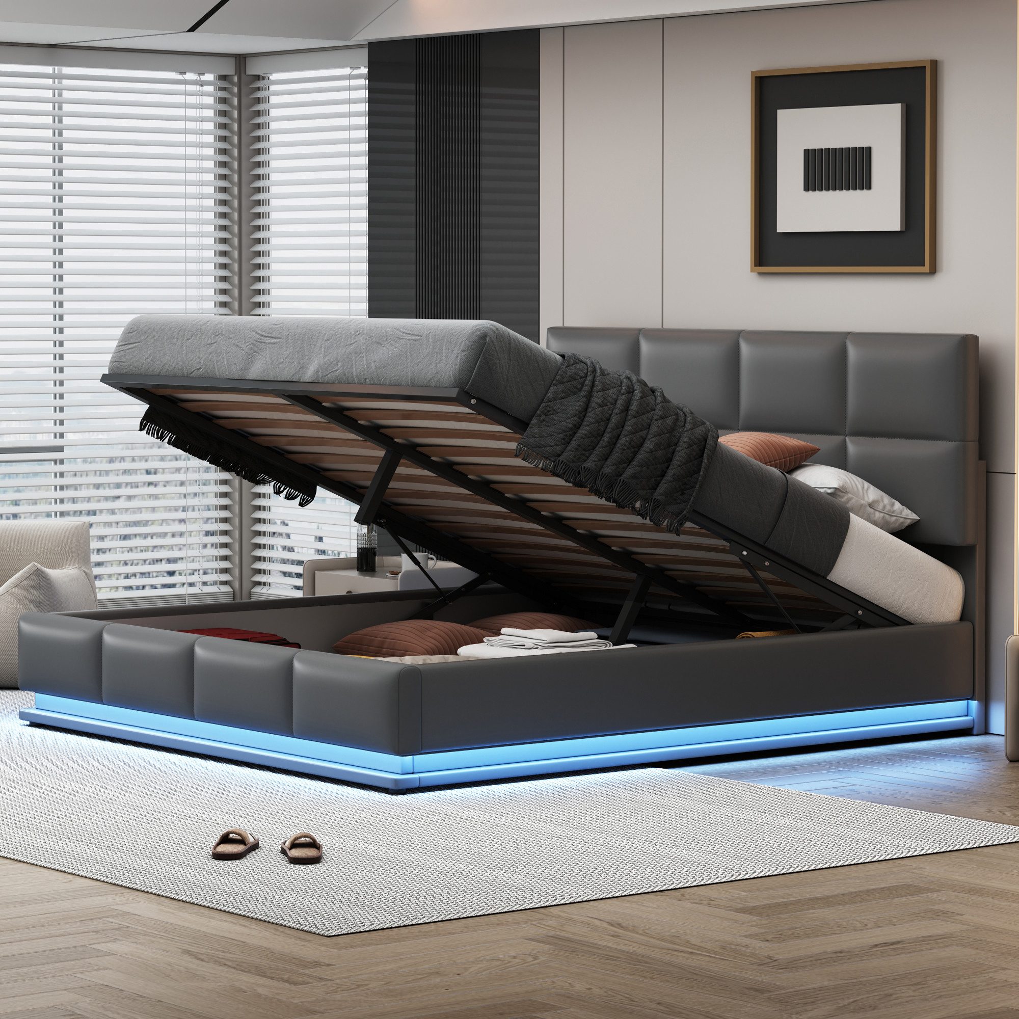 Flieks Polsterbett, LED hydraulisches Doppelbett Kunstleder 180x200cm günstig online kaufen