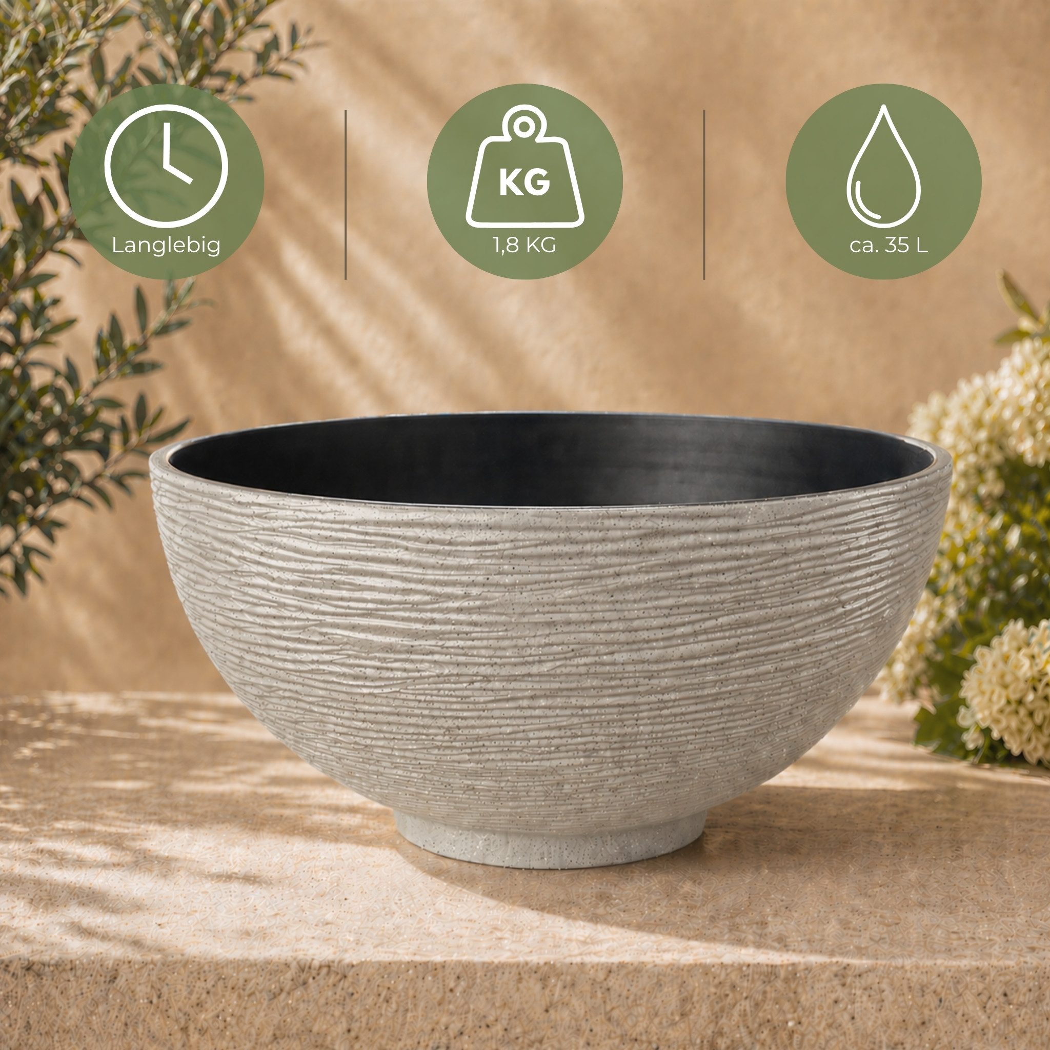 matches21 HOME & HOBBY Wasserspiel Solar LED Brunnen Set inkl. Akku - 45 cm Schale in sand, (2 tlg), Solar Springbrunnen und Brunnenschale als Gartendeko