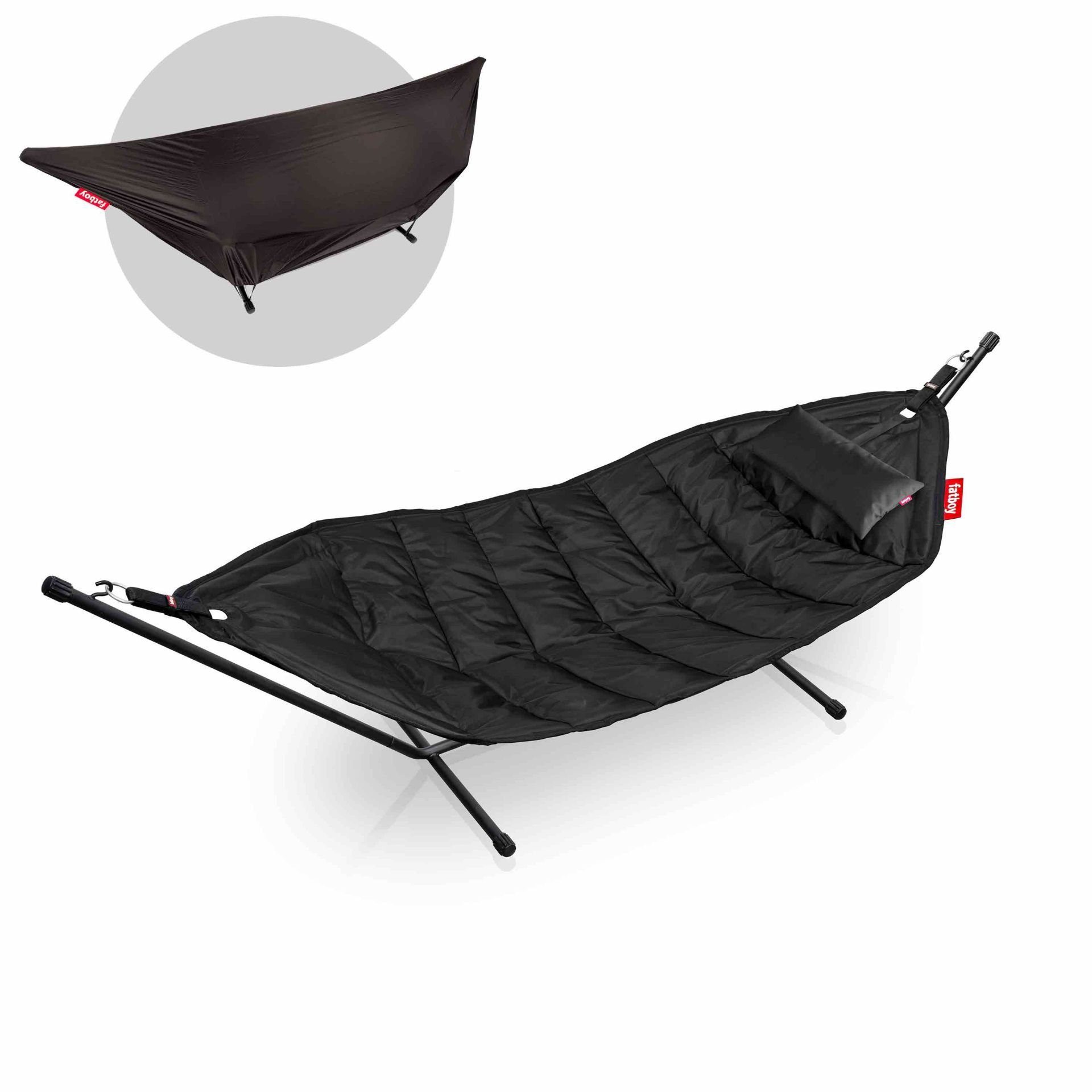 FATBOY Hängematte Headdemock Deluxe Hängematte mit Gestell, Schwarz, Garten & Terrasse (Robustes Material, Sonnenliege, Komplettes Set), inkl. Matte Gestell Kissen Cover, max 150kg, 280x140cm, Indoor Outdoor