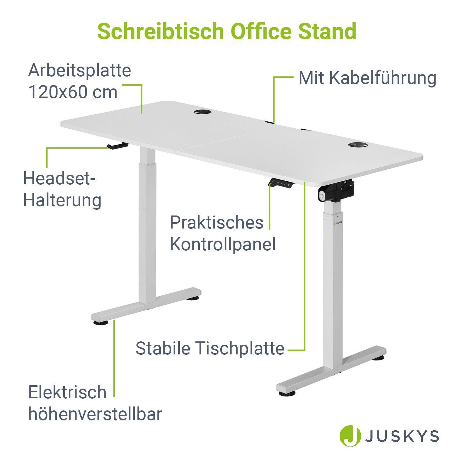 Juskys Schreibtisch Office Stand, x Kabelführung cm, Weiß Headset-Halterung, verstellbar, elektrisch 60 120
