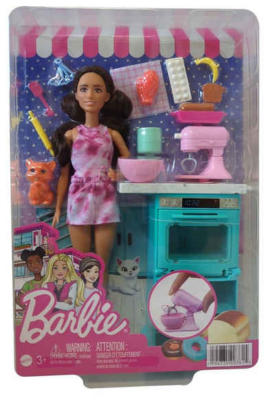 Barbie Stehpuppe Mattel HCD44 Barbie Bäckerin mit langen braunen Haaren, mit Backofen