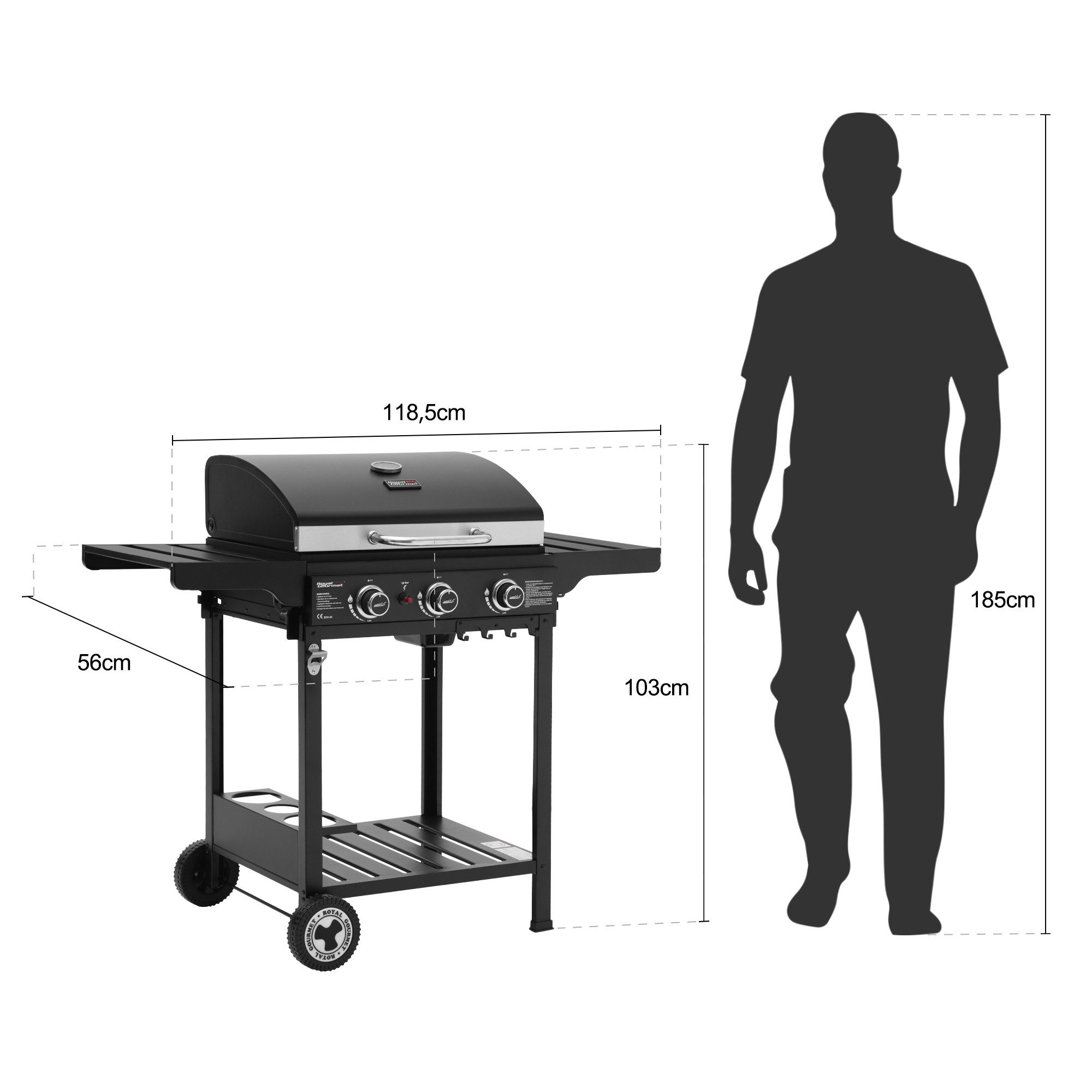 Royal Gourmet Gasgrill Grillwagen Campinggrill Standgrill mit Edelstahl Brenner, mit Klappbaren Seitenablagen und Flascheständer, 3 Brenner, 9 kW