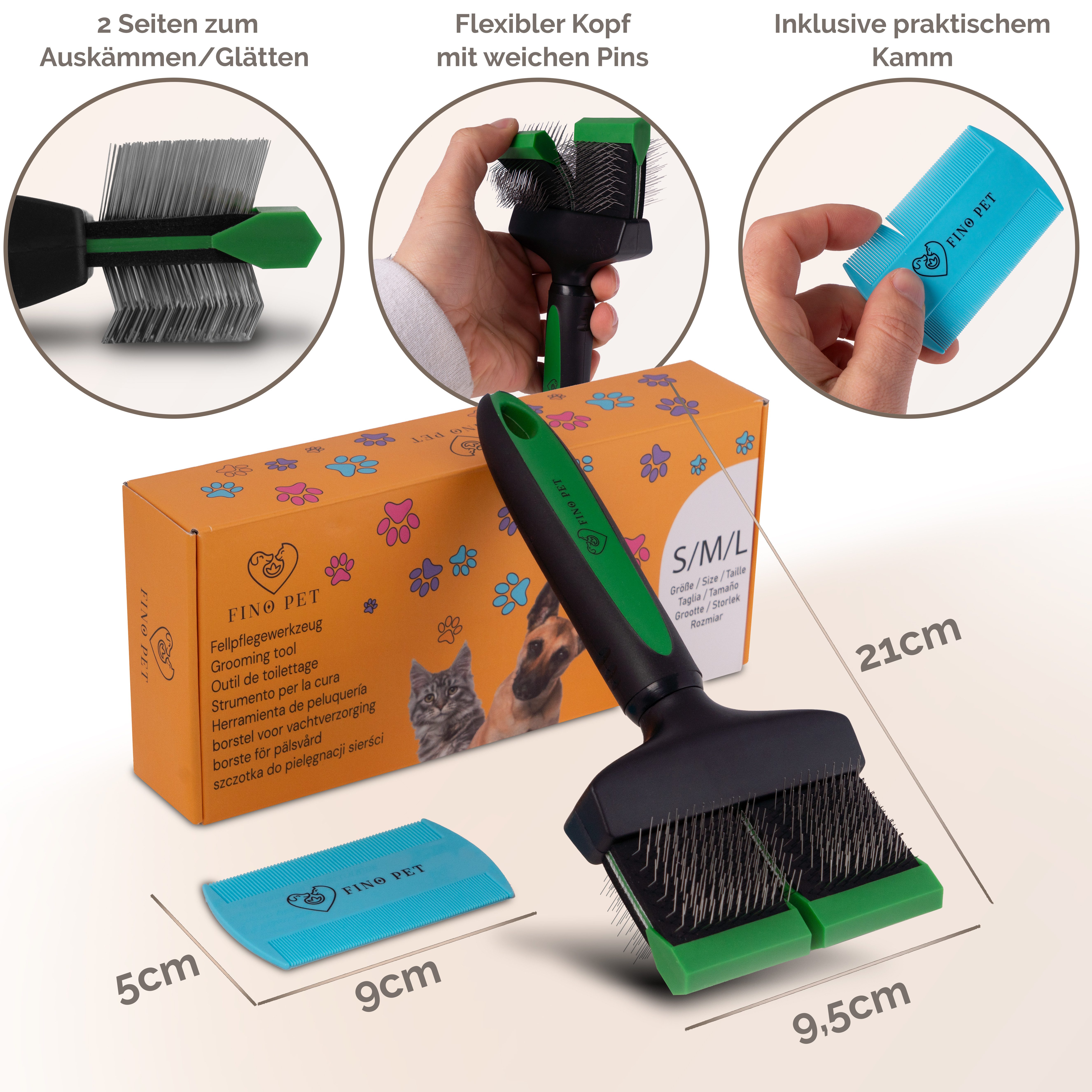 FinoPet Fellbürste Zupfbürste Hund, Slicker Bürste für Langhaar Pudelbürste Hundebürste, Edelstahl, (Effiziente Hundebürste Unterwolle Katzenbürste, Ideal für Doodle & Langhaarhunde inklusive Hundekamm), Flexibler Kopf mit weichen Softpins