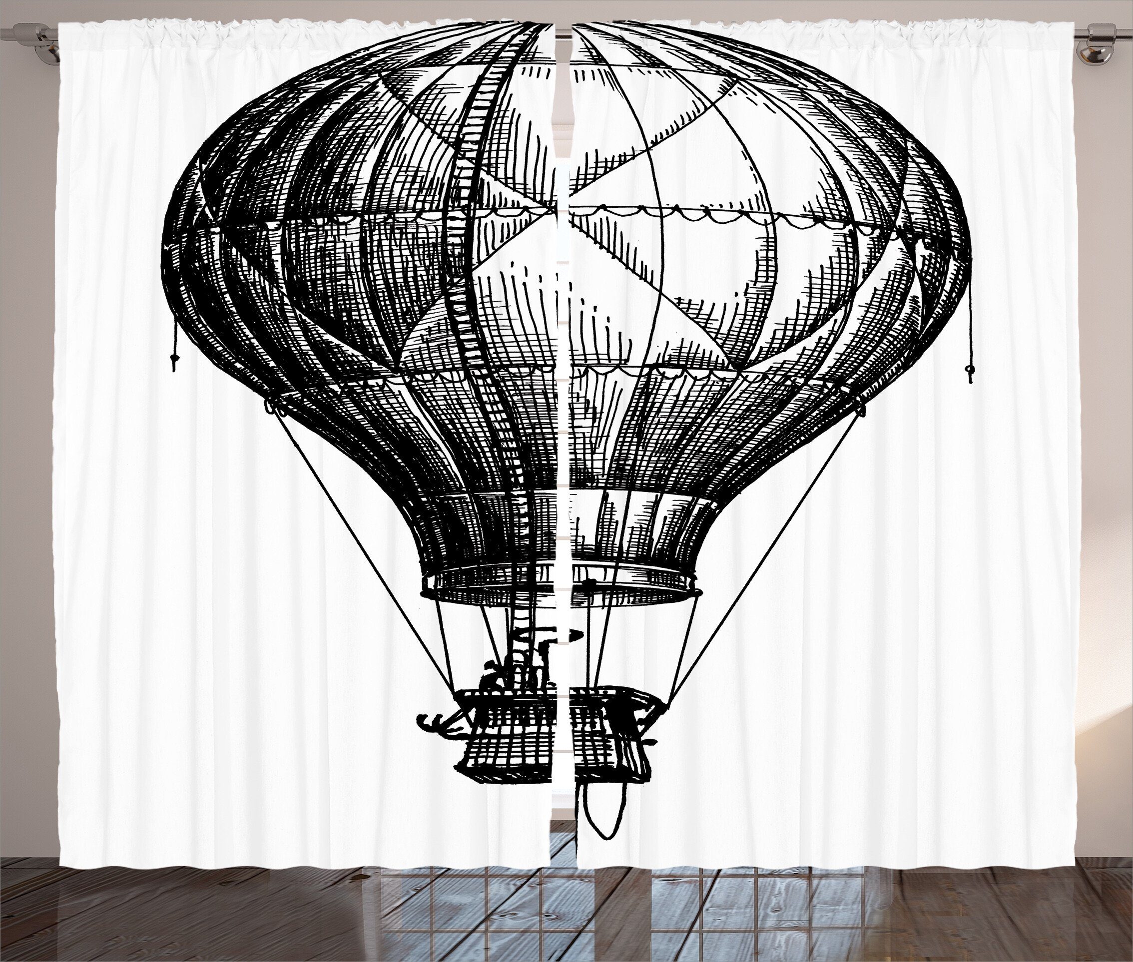 Gardine Schlafzimmer Kräuselband Vorhang mit Schlaufen und Haken, Abakuhaus, Schwarz-Weiss Ballon in den Himmel