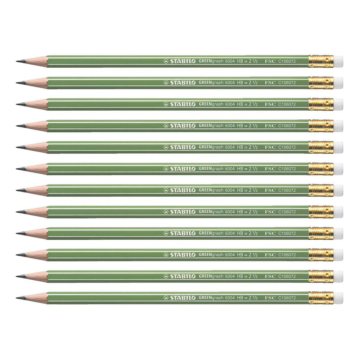 Bleistift STABILO 6004, HB mit (12-tlg), (mittelweich), Sechskant, Radiergummi GREENgraph