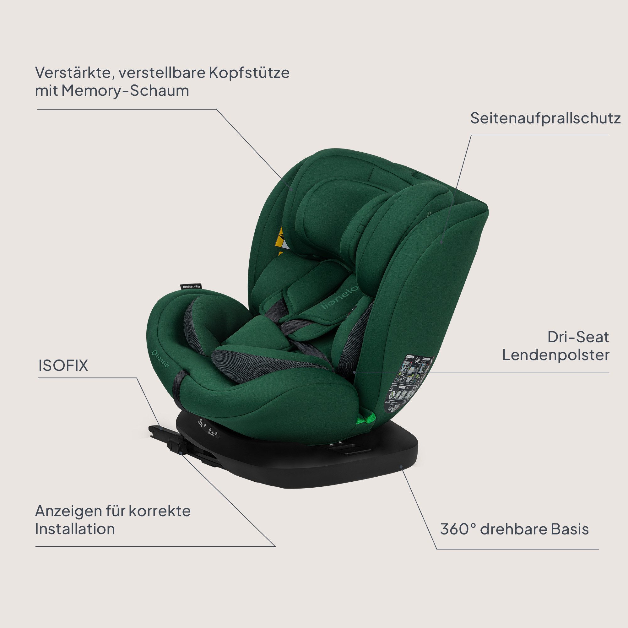 lionelo Autokindersitz BASTIAAN I-SIZE, ab: ab Geburt, bis: bis 12 Jahre, ab: 40,00 cm, bis: 150,00 cm, (Set), i-Size / 0-36 kg / Isofix + Top Tether