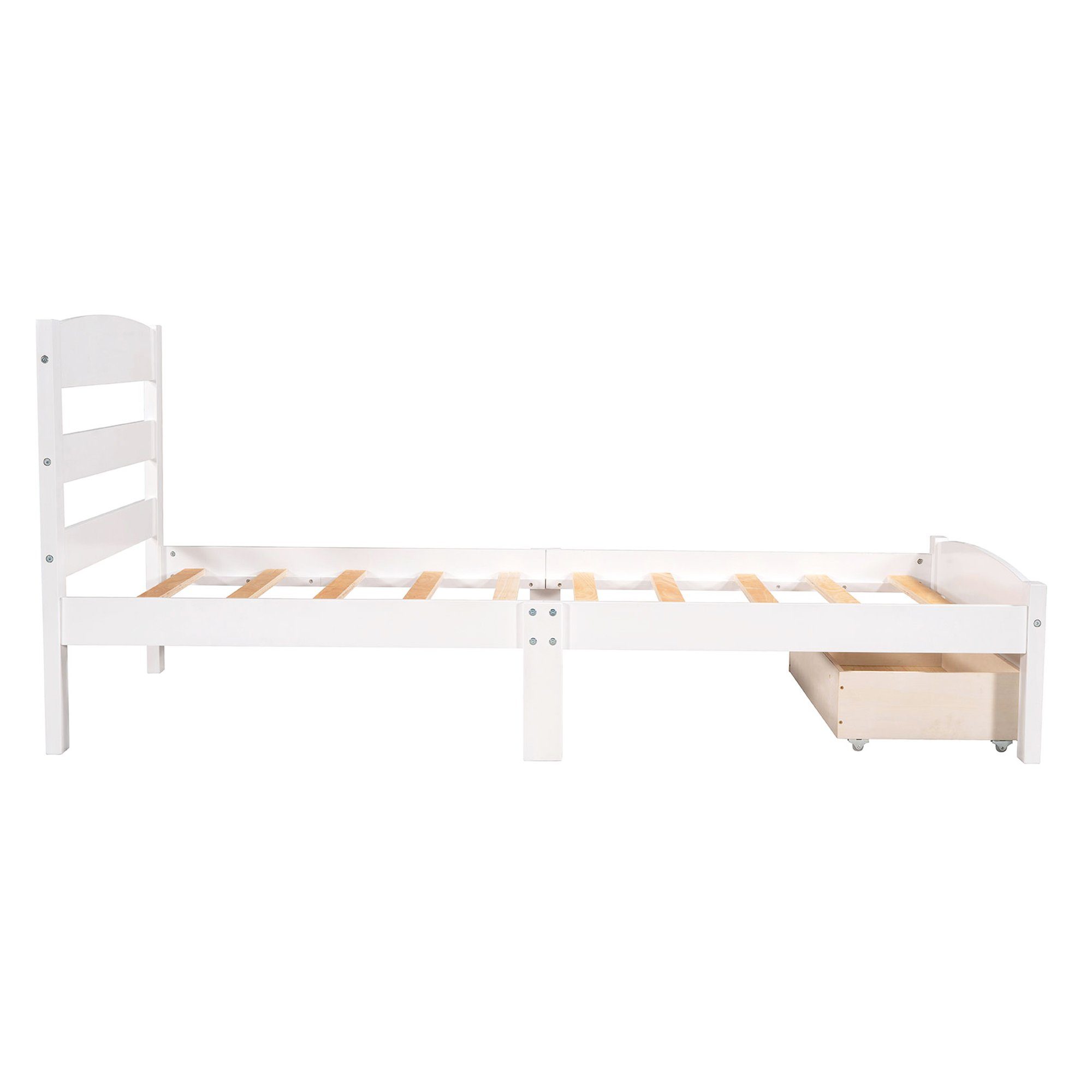 Kinderbett (1-tlg), Jugendbett 90x200 Funktionsbett aus Kiefernholz Weiß mit Schublade und Lattenrost