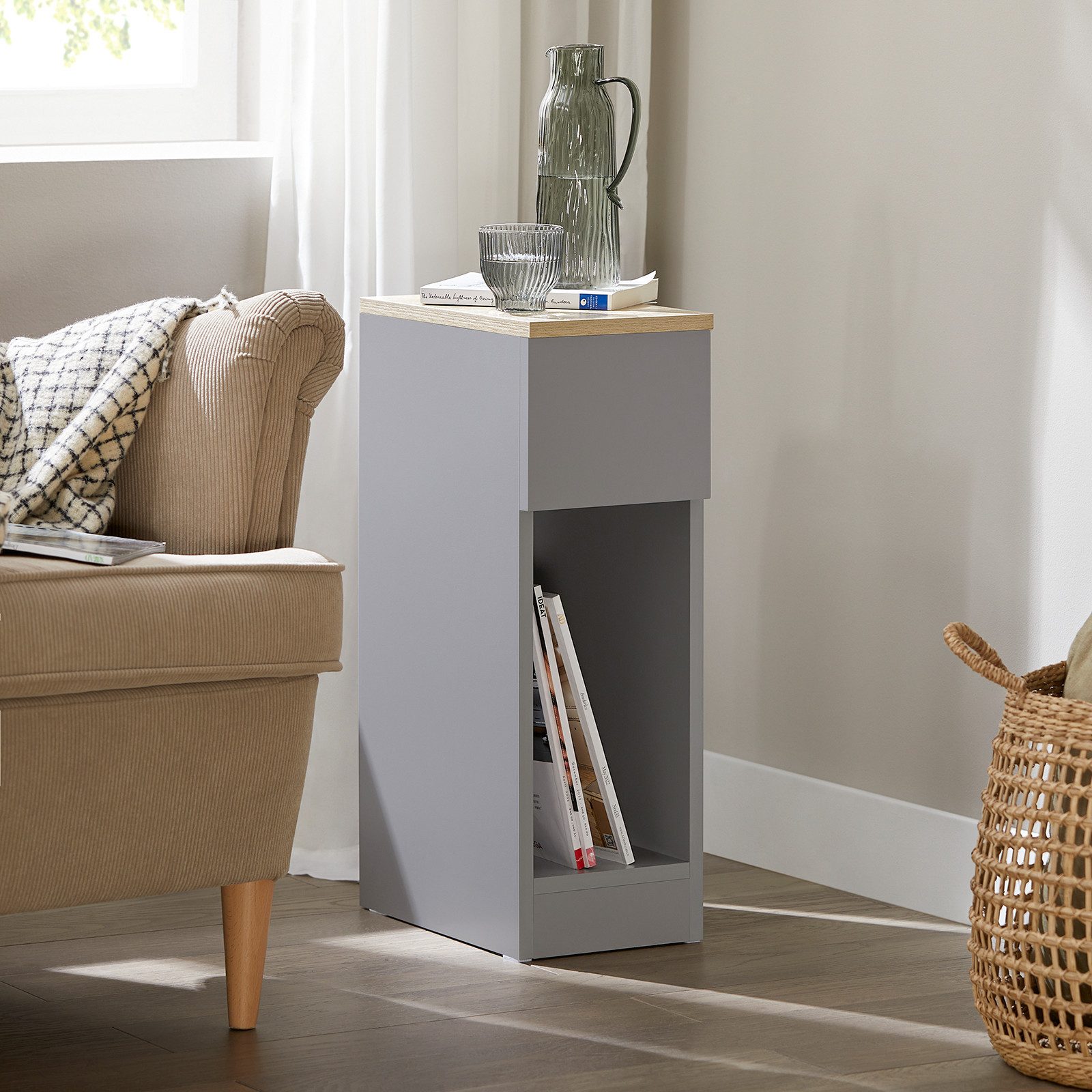SoBuy Nachttisch FBT111, Nachtschrank kleiner Beistelltisch 20cm Breite, Nightstand, Nachttisch schmal, mit Schublade, Schlafzimmer Wohnzimmer kleine Räume