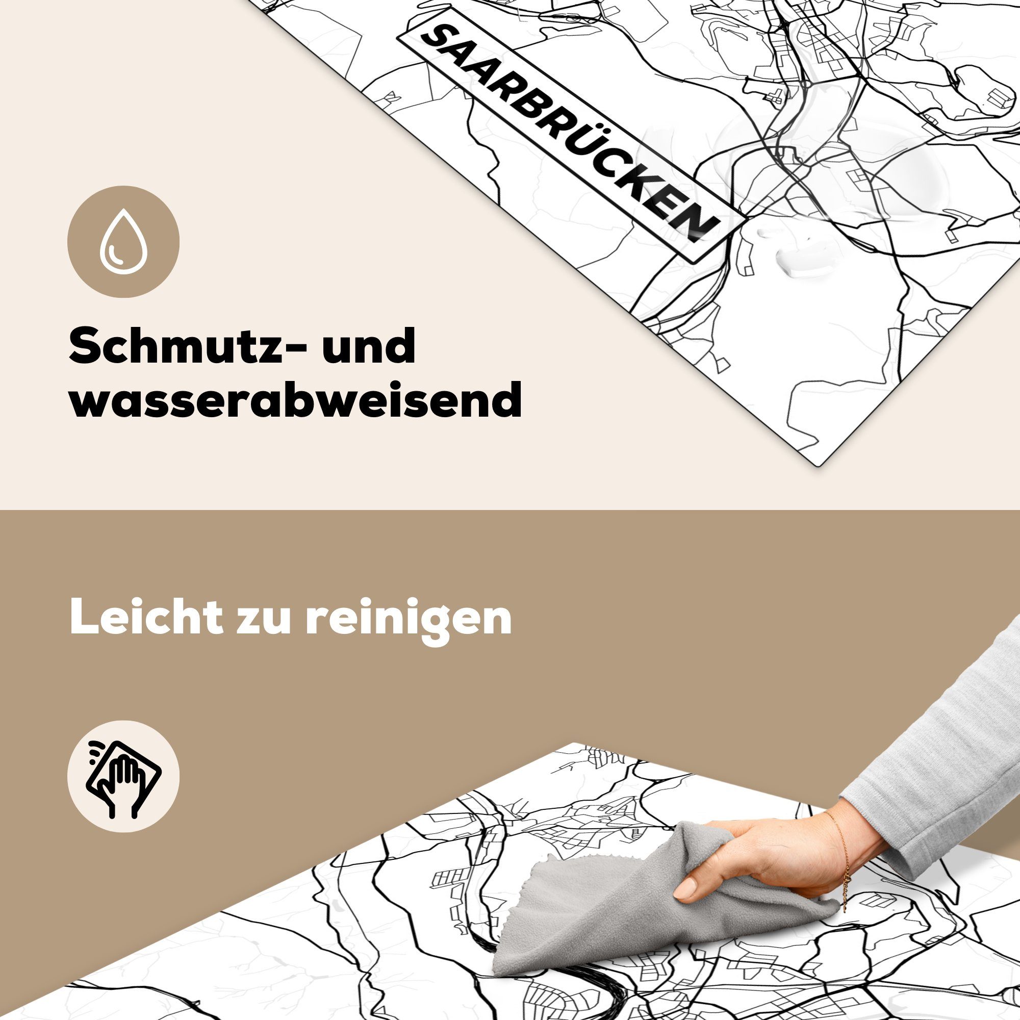 cm, Karte 78x78 - tlg), Ceranfeldabdeckung, Saarbrücken Vinyl, Karte Arbeitsplatte (1 für - - küche MuchoWow Stadtplan, Herdblende-/Abdeckplatte