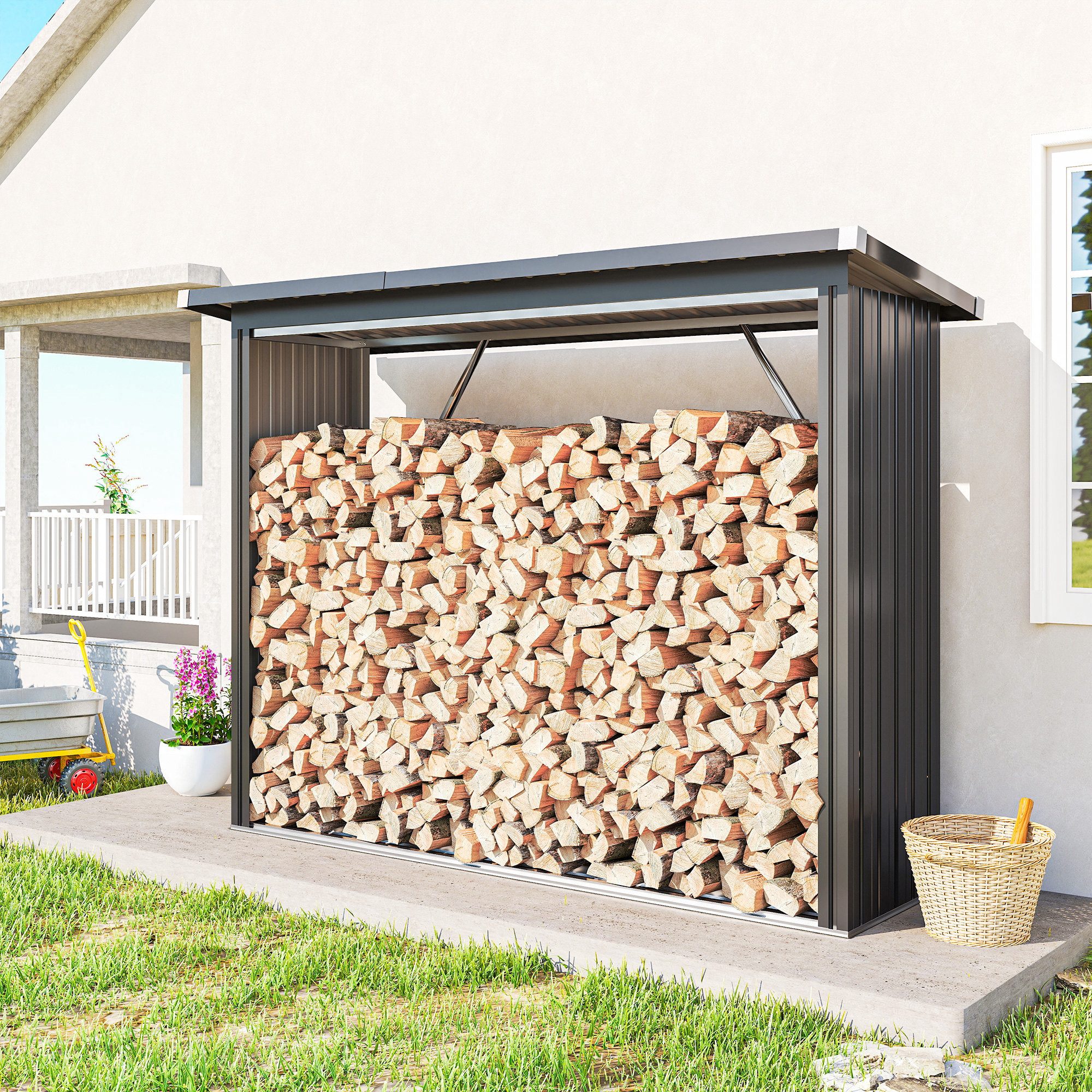 Outsunny Kaminholzregal-Erweiterung erhöhter Boden, BxTxH:213x66.5x150 cm, (Stahlschuppen, 1-St., Feuerholz-Unterstand), Wellblechdach, Dunkelgrau